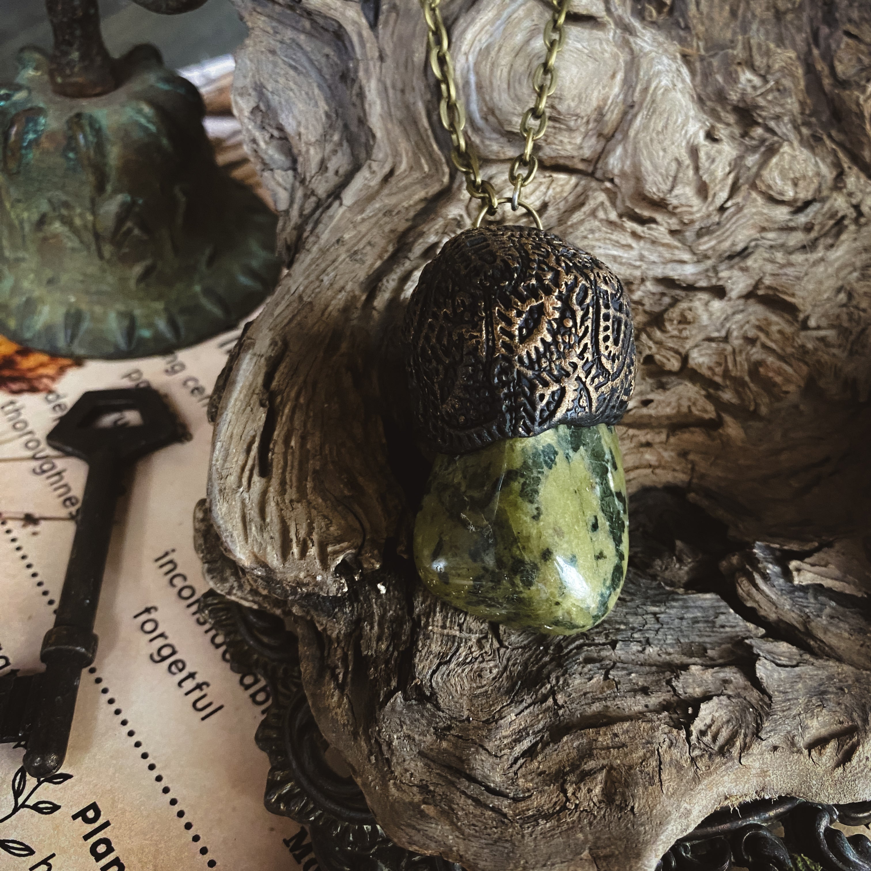 Serpentine + Clay Talisman Necklace with an Organic Pattern