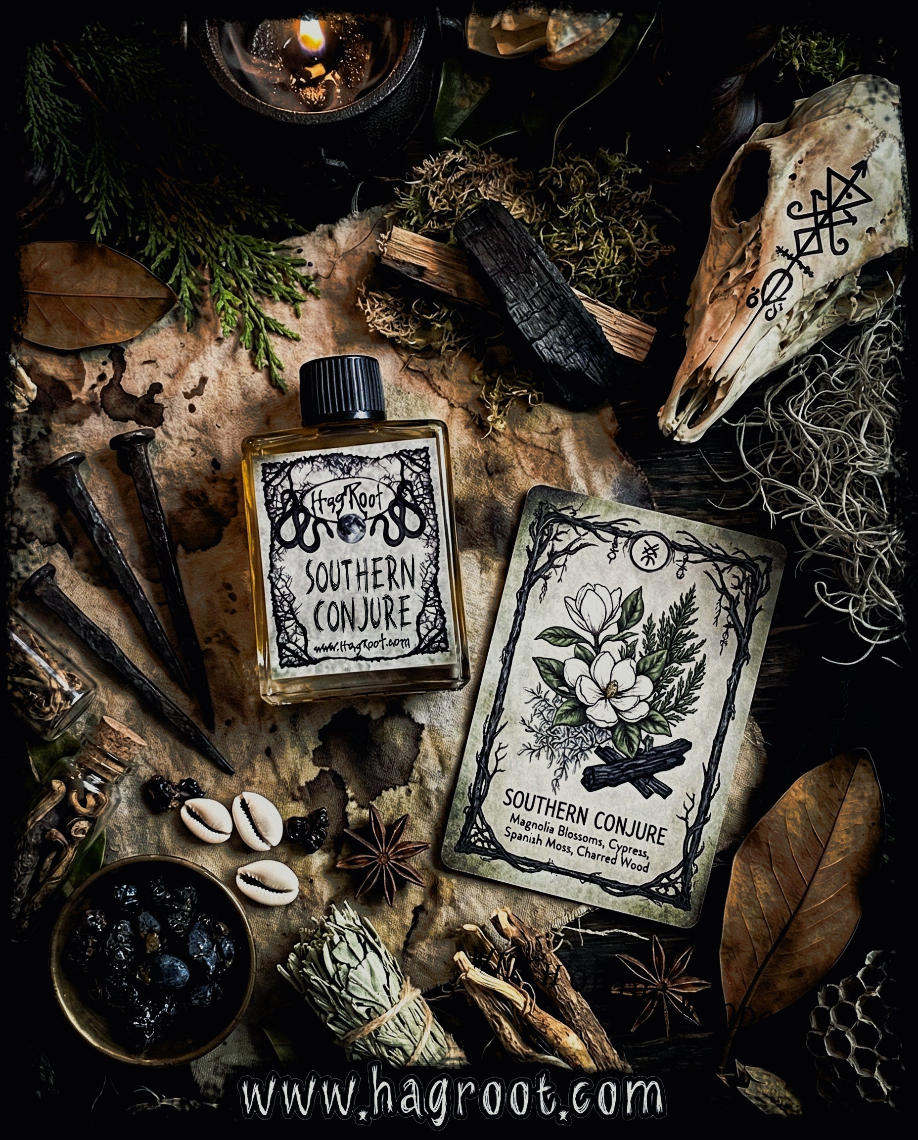 SOUTHERN CONJURE-(Magnolia Blossoms, Cypress, Spanish Moss, Charred Ritual Wood)-Perfume, Cologne, Anointing, Ritual Oil