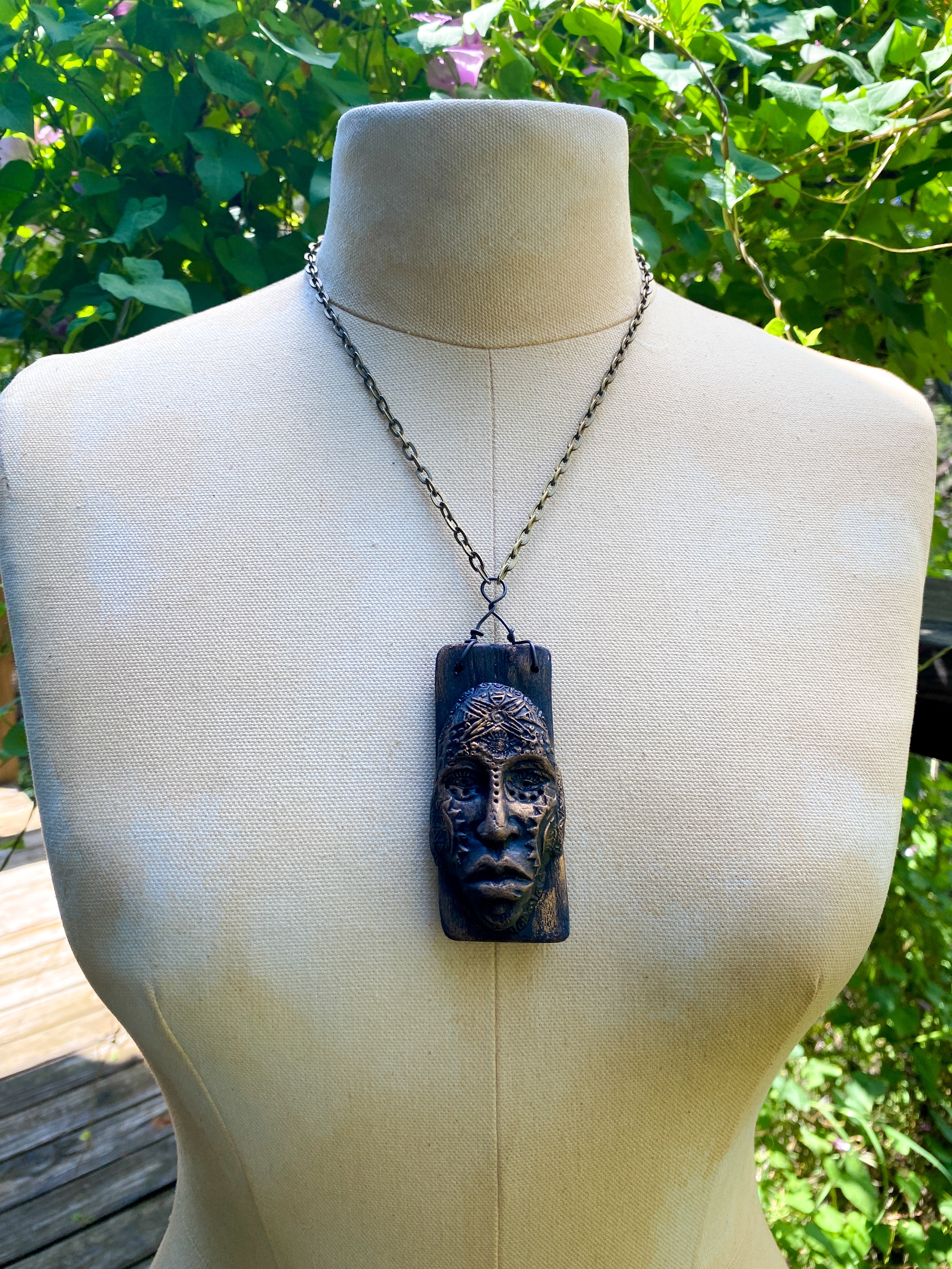 The Shadow Walker - Wood + Clay Talisman/Amulet Necklace