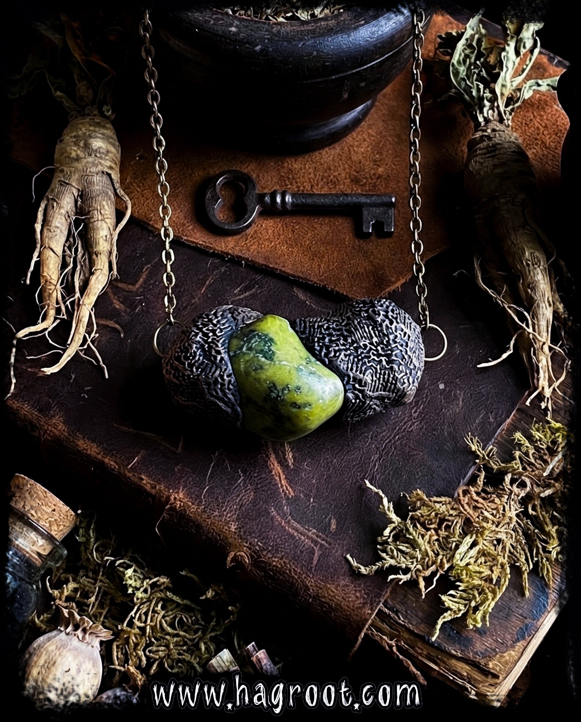 Serpentine + Clay Talisman Necklace with an Organic Pattern