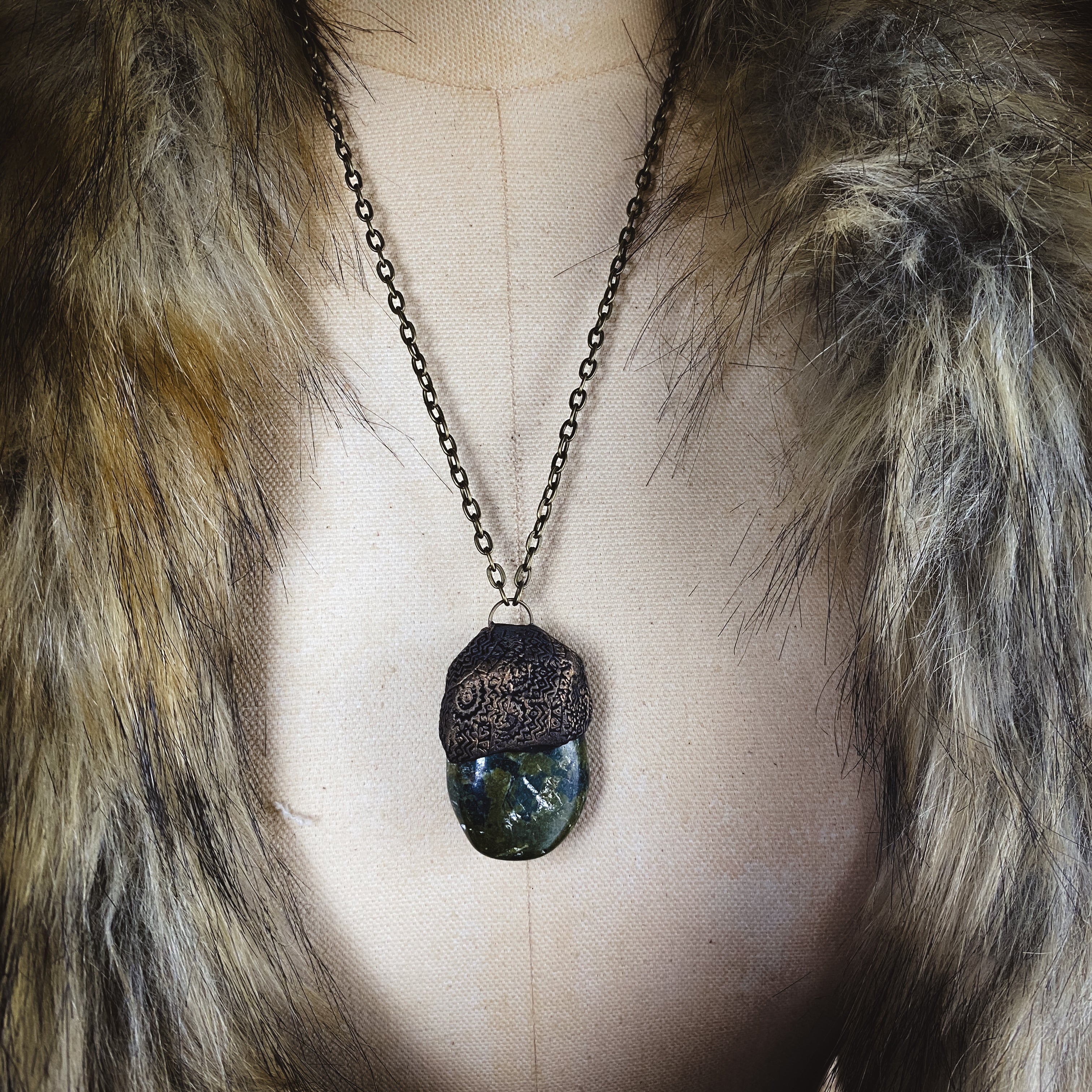 Serpentine + Clay Talisman Necklace with an Organic Pattern