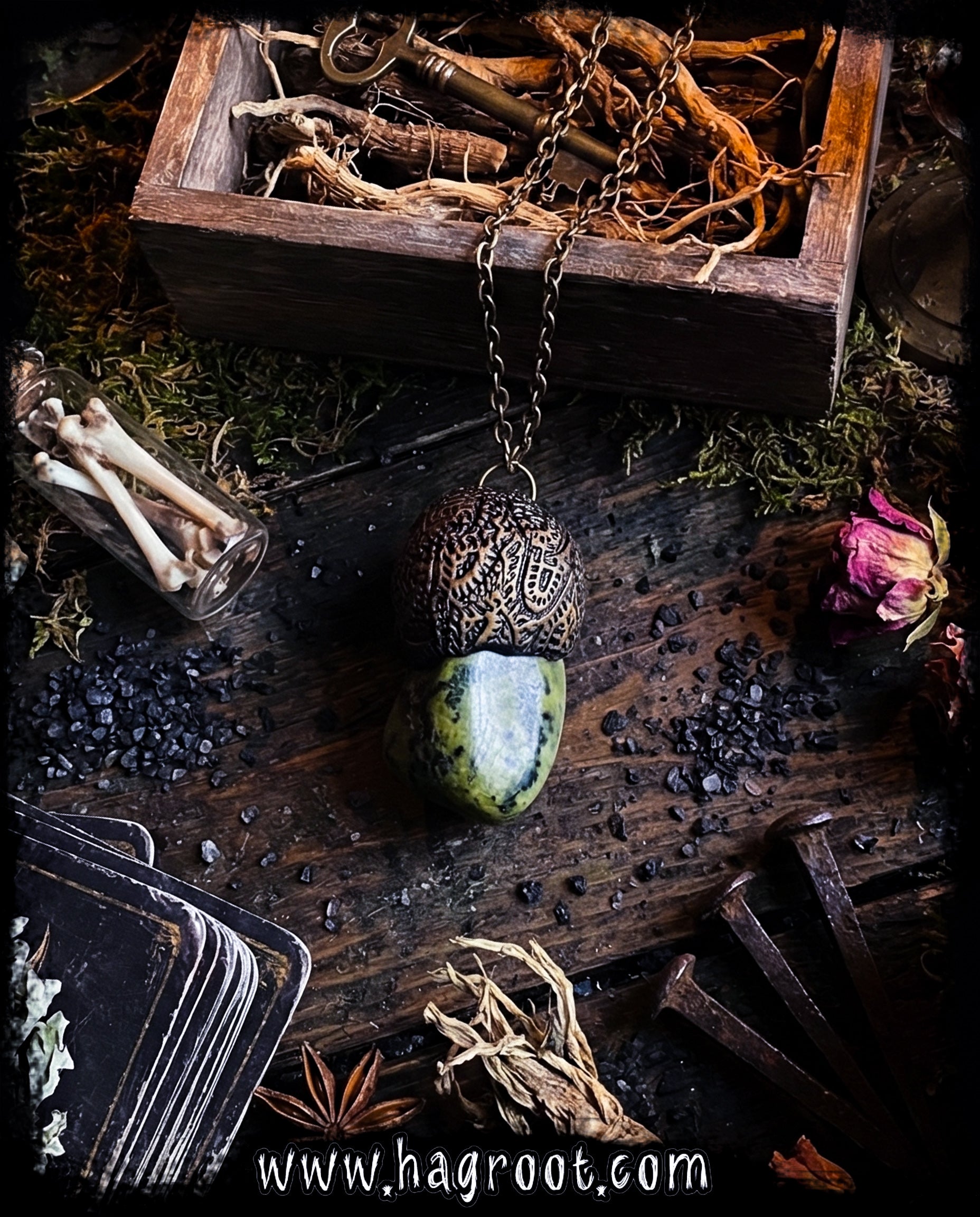 Serpentine + Clay Talisman Necklace with an Organic Pattern