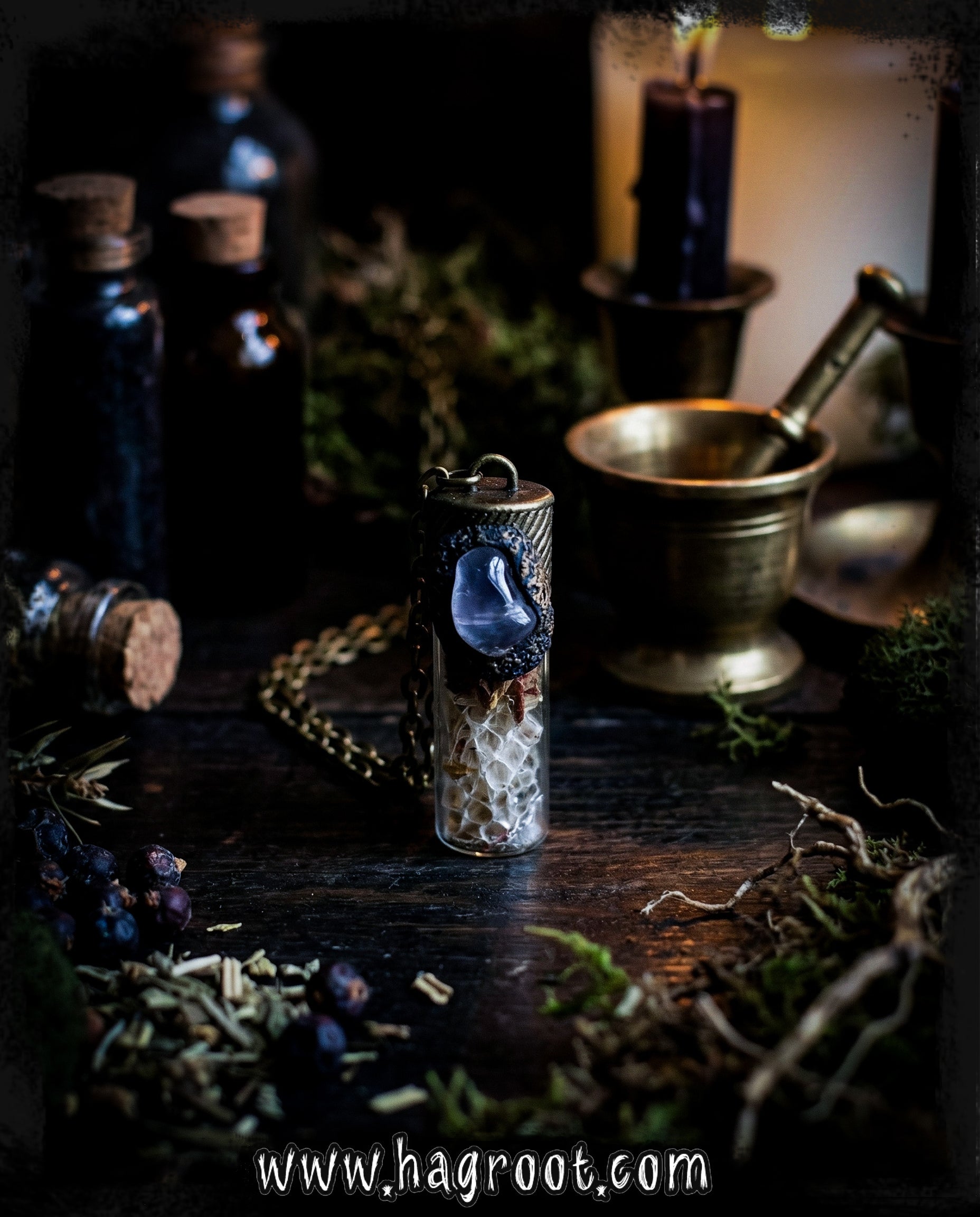 Shadow Heart Conjure Necklace with Rose Petals, Ghost Quartz + Snake Skin