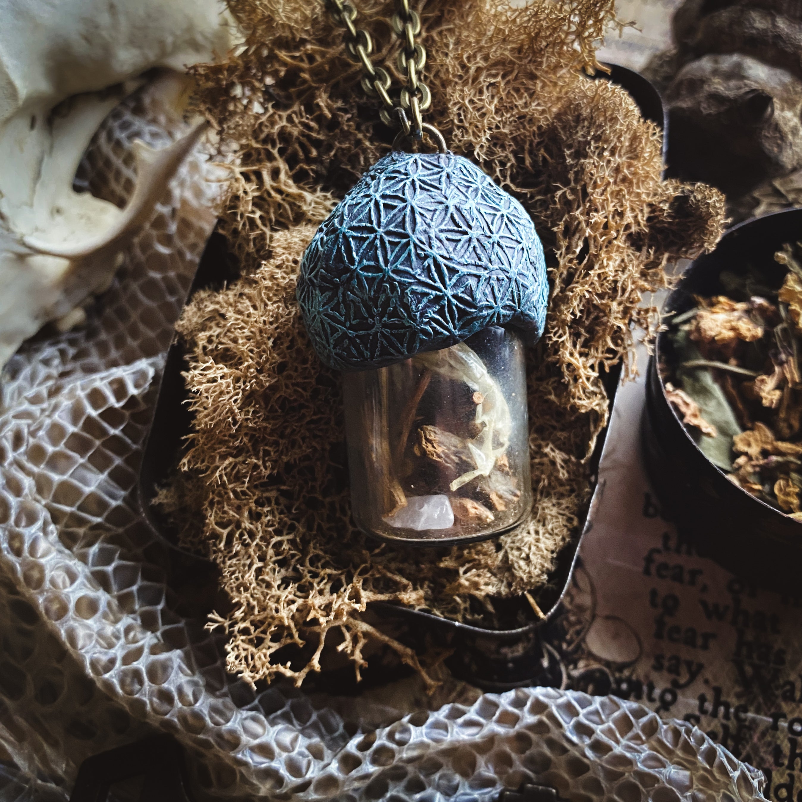 Conjure Necklace with Mandrake Root, Rose Quartz and Snake Skin for Love, Protection + Spiritual Connection with a Flower of Life Clay Pattern