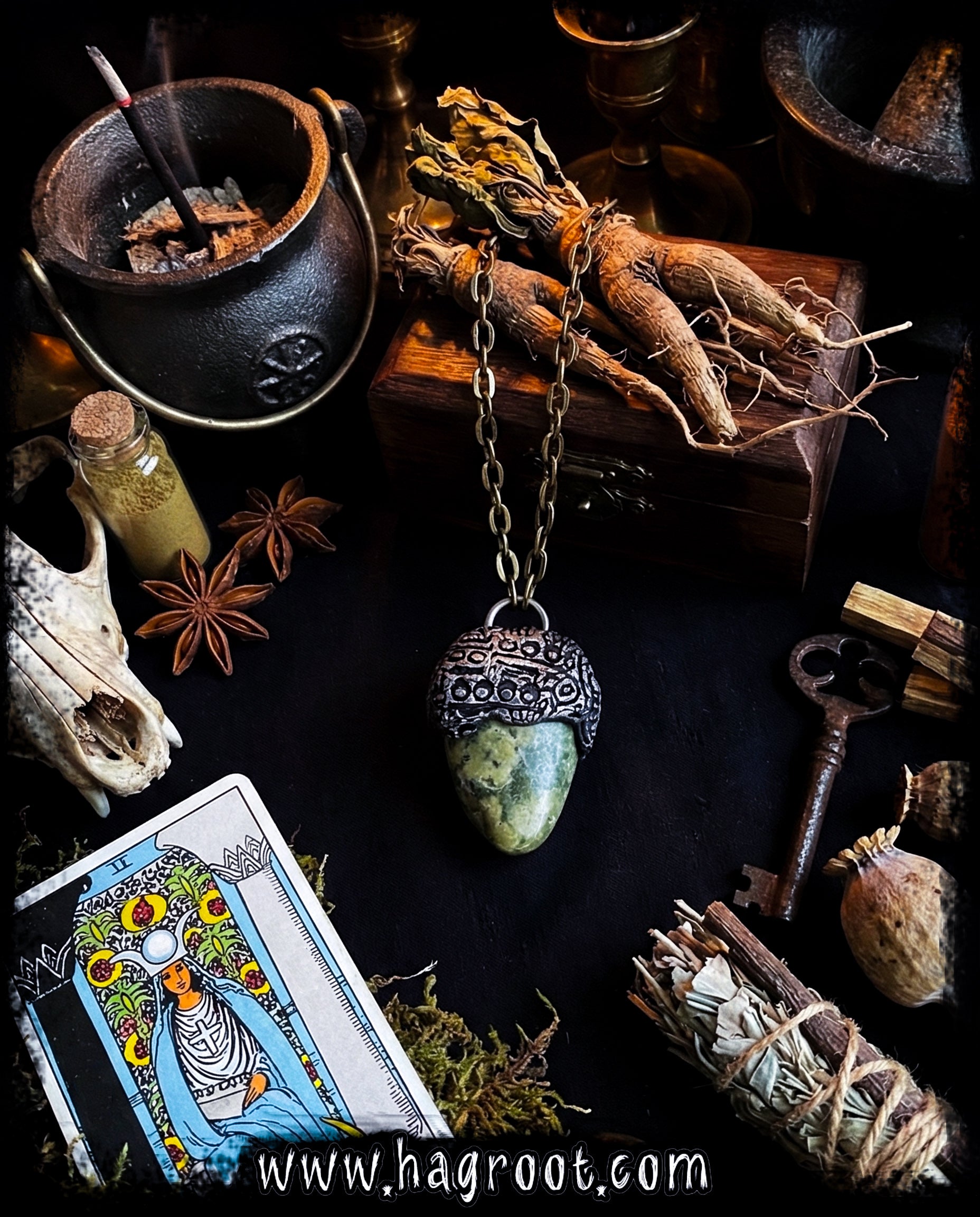 Serpentine + Clay Talisman Necklace with an Organic Pattern