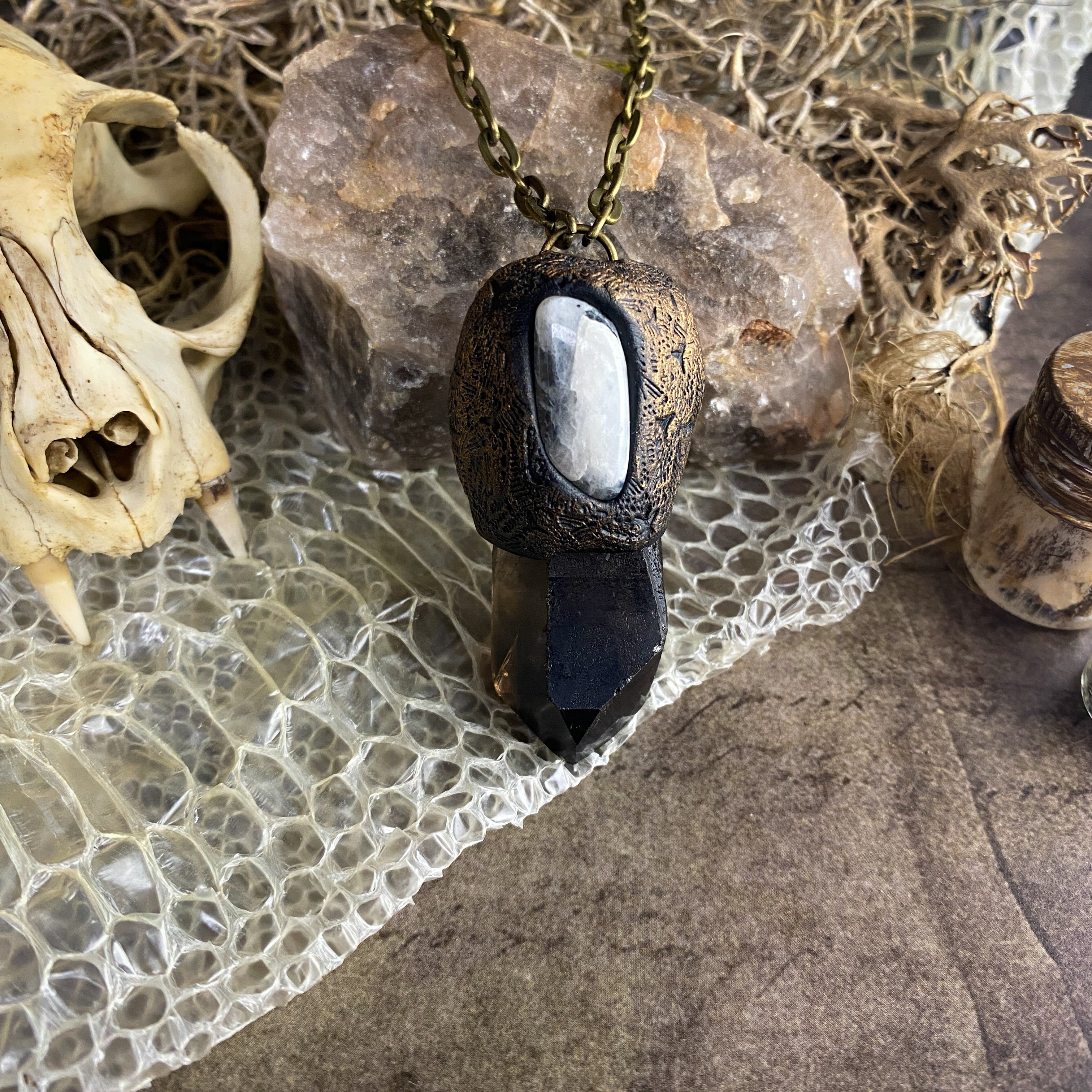 Handcrafted Clay Talisman Necklace with Smoky Quartz + Rainbow Moonstone