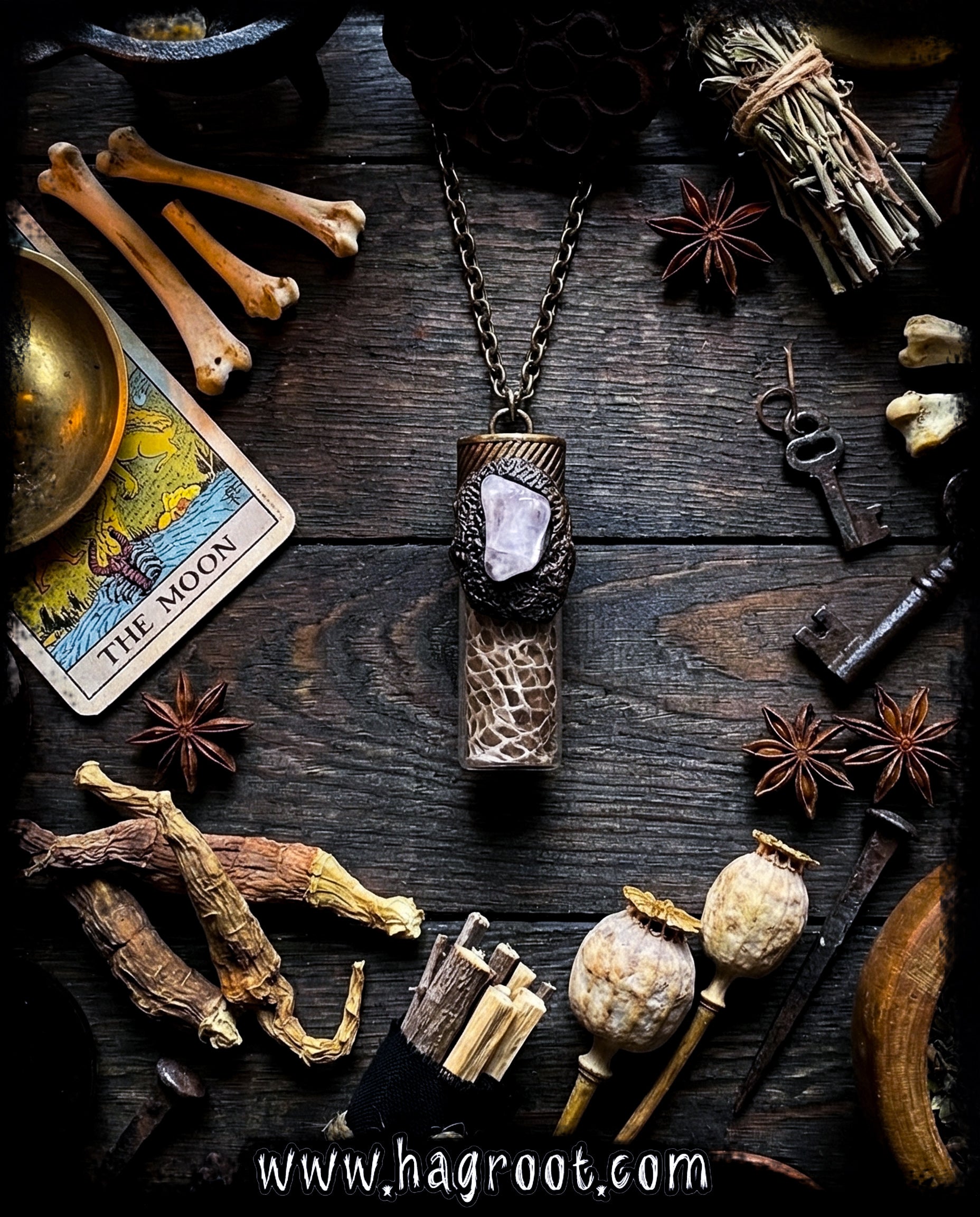 Serpent Rose Conjure Necklace with Rose Petals, Rose Quartz + Snake Skin