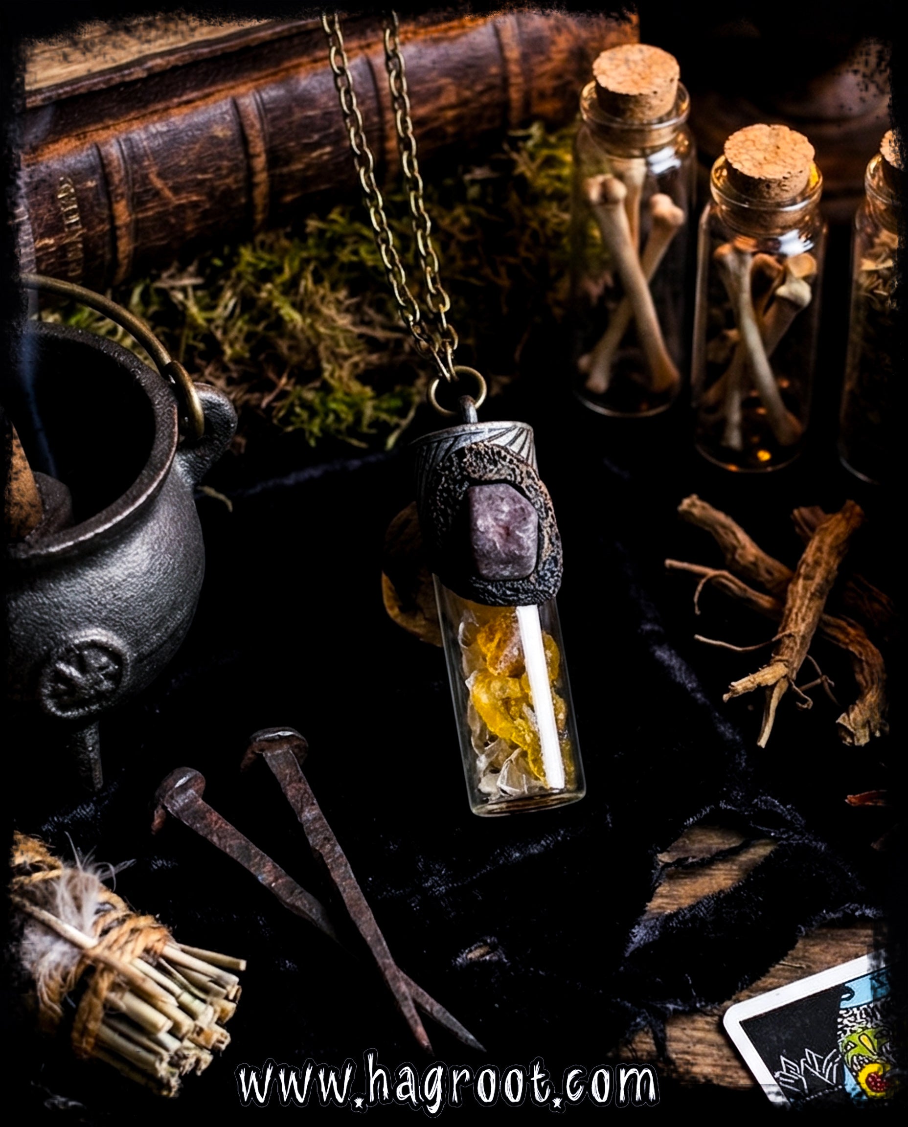 Serpent Heart Conjure Necklace with Strawberry Quartz, Copal + Snake Skin