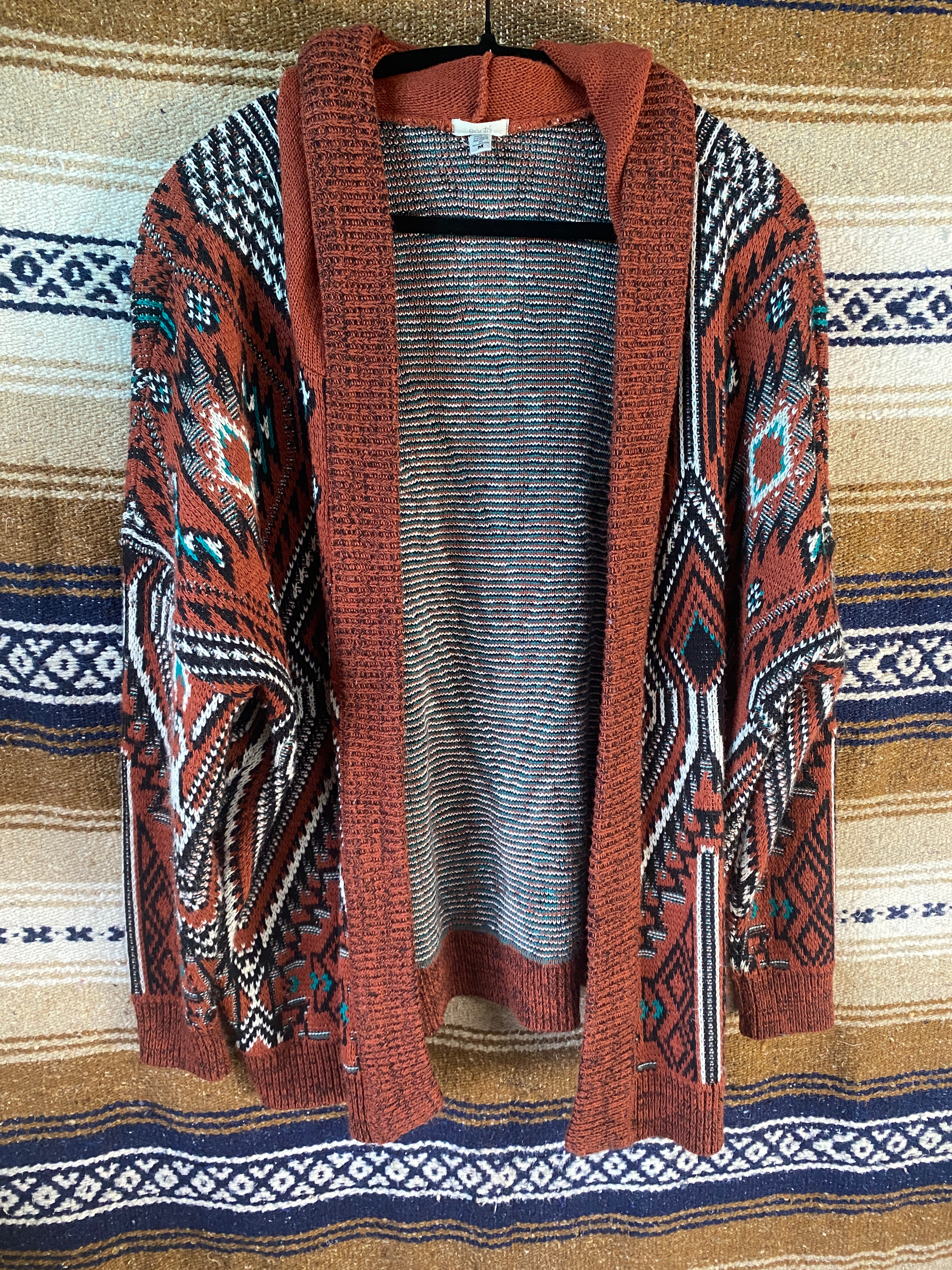 Tribal Design Cardigan With a Hood - Size Medium