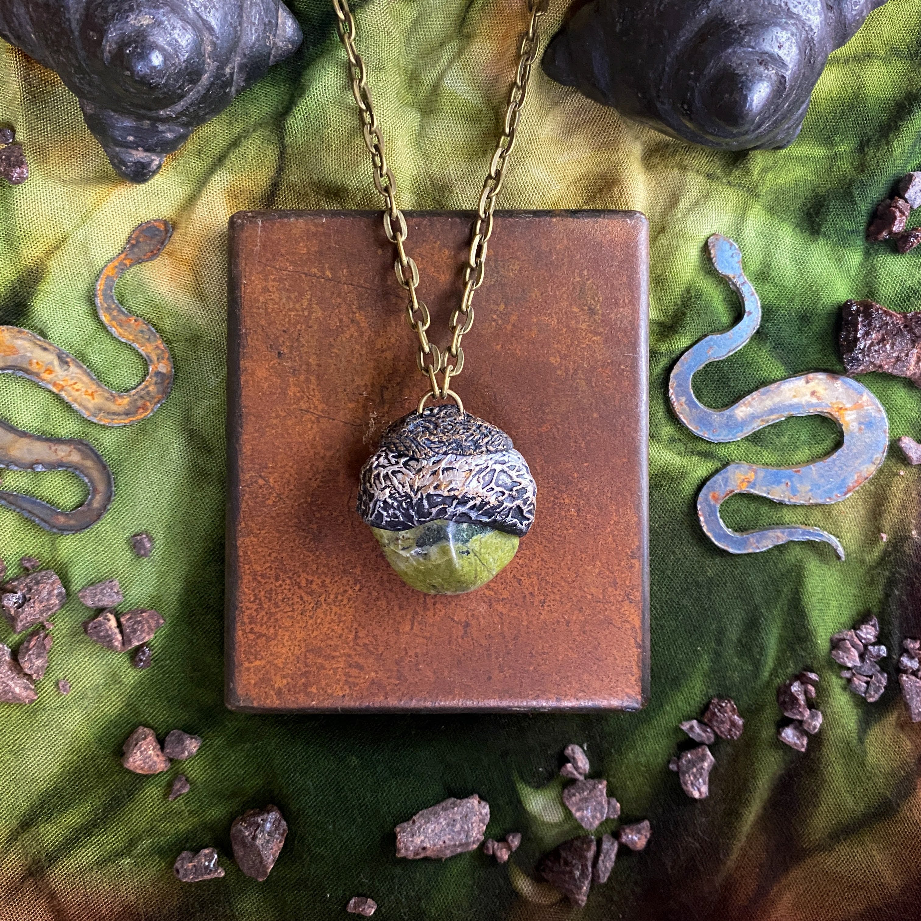Serpentine + Clay Talisman Necklace with an Organic Pattern