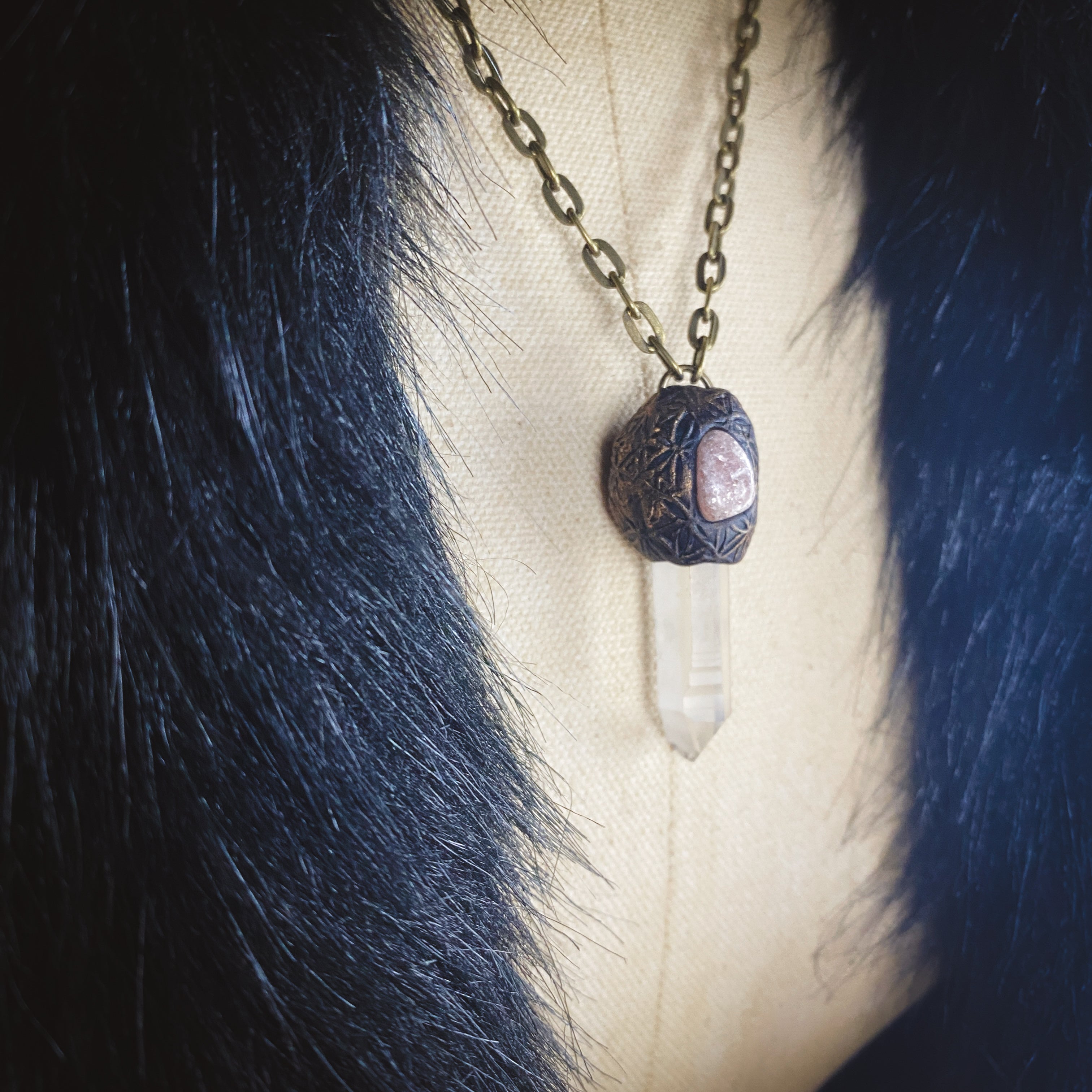 Clear Quartz + Strawberry Quartz + Clay Talisman Necklace with a Flower of Life Design