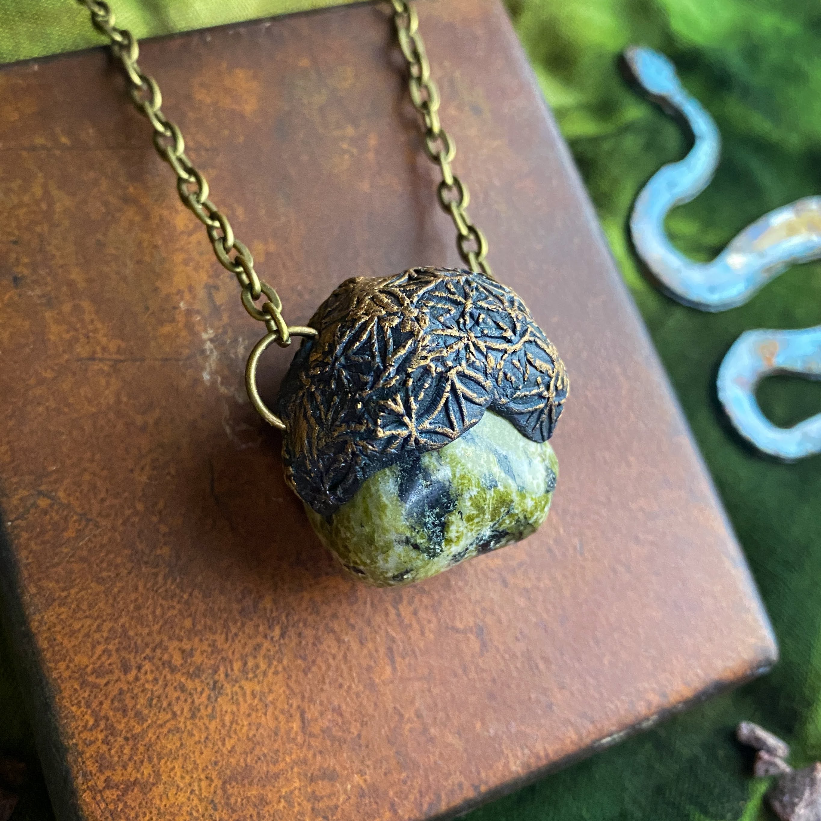 Serpentine Talisman Necklace with a Flower of Life Clay Pattern