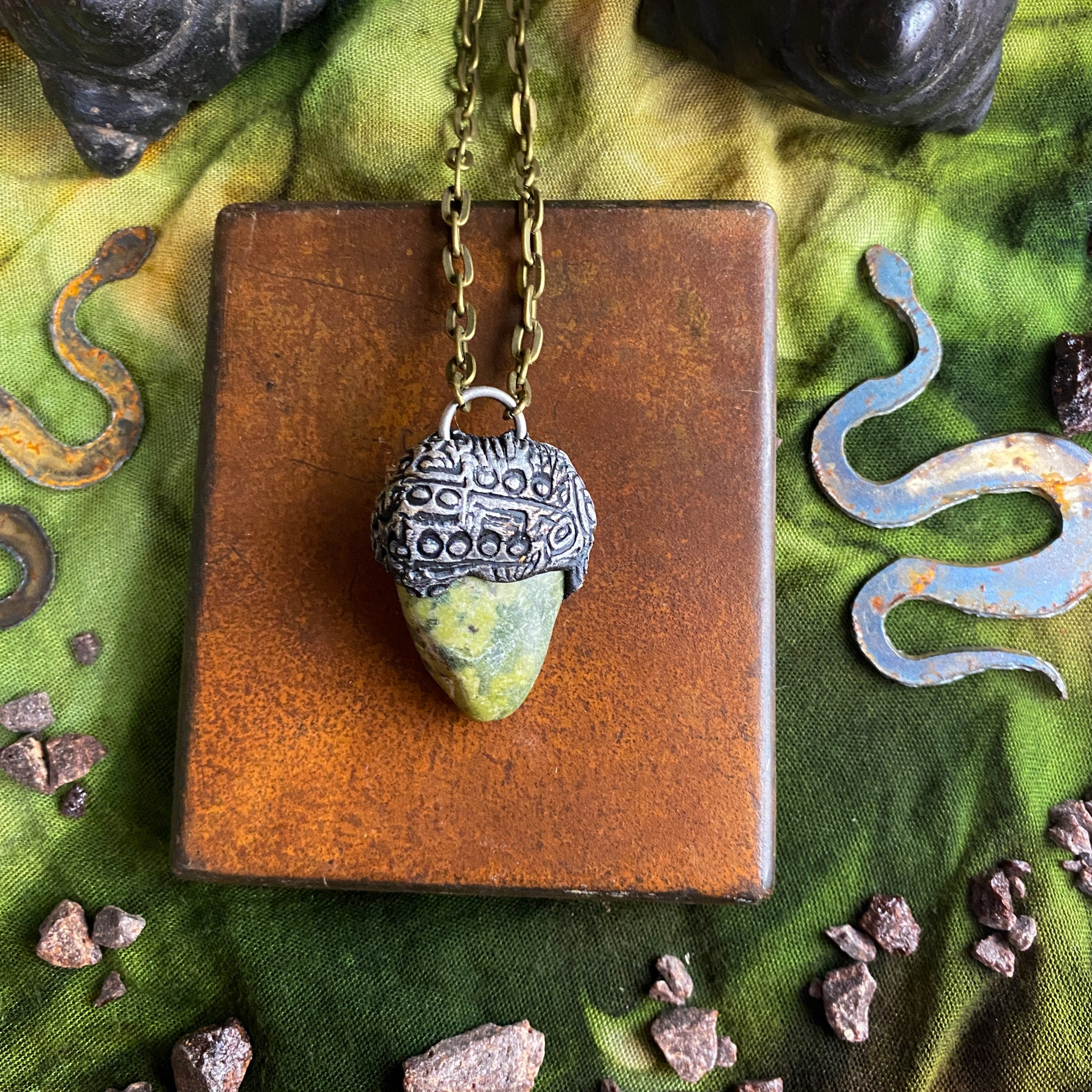 Serpentine + Clay Talisman Necklace with an Organic Pattern