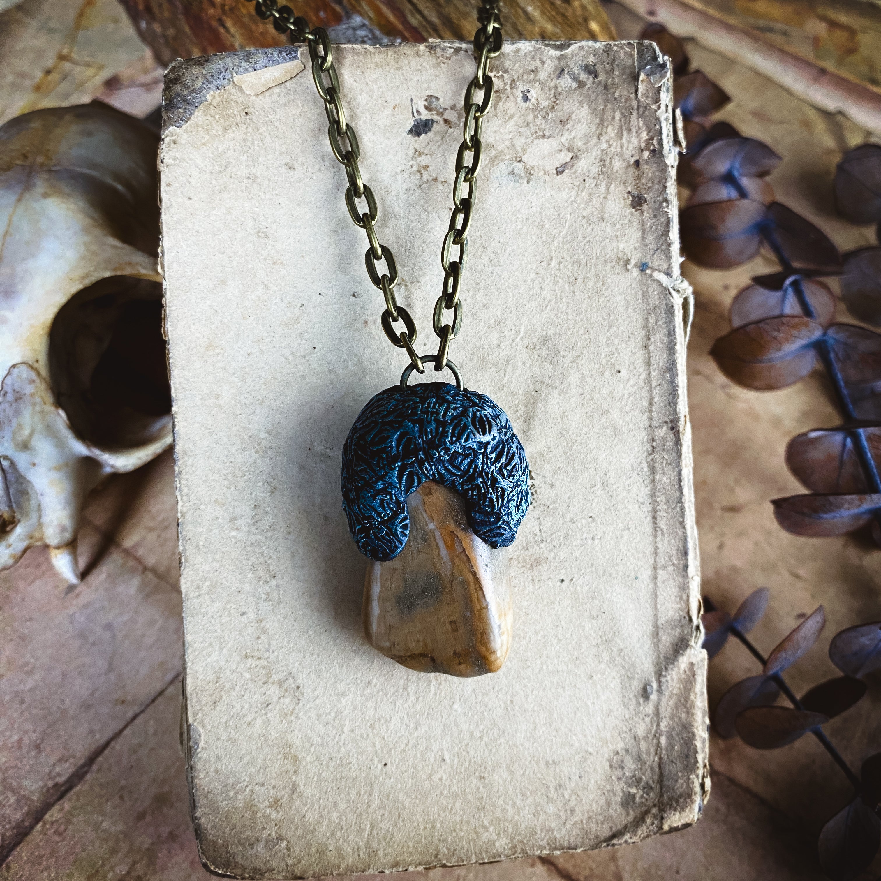 Handcrafted Clay Talisman Necklace with Petrified Wood