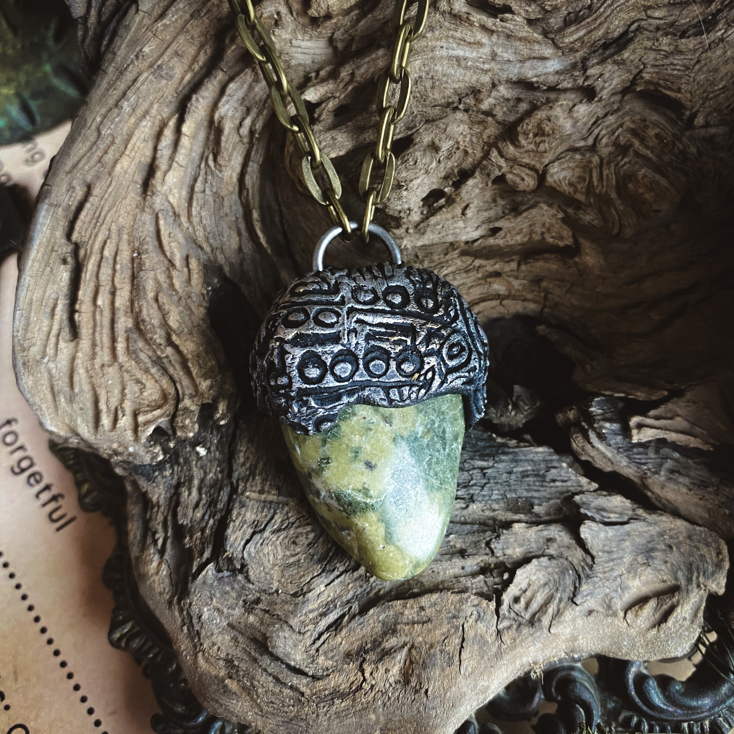Serpentine + Clay Talisman Necklace with an Organic Pattern