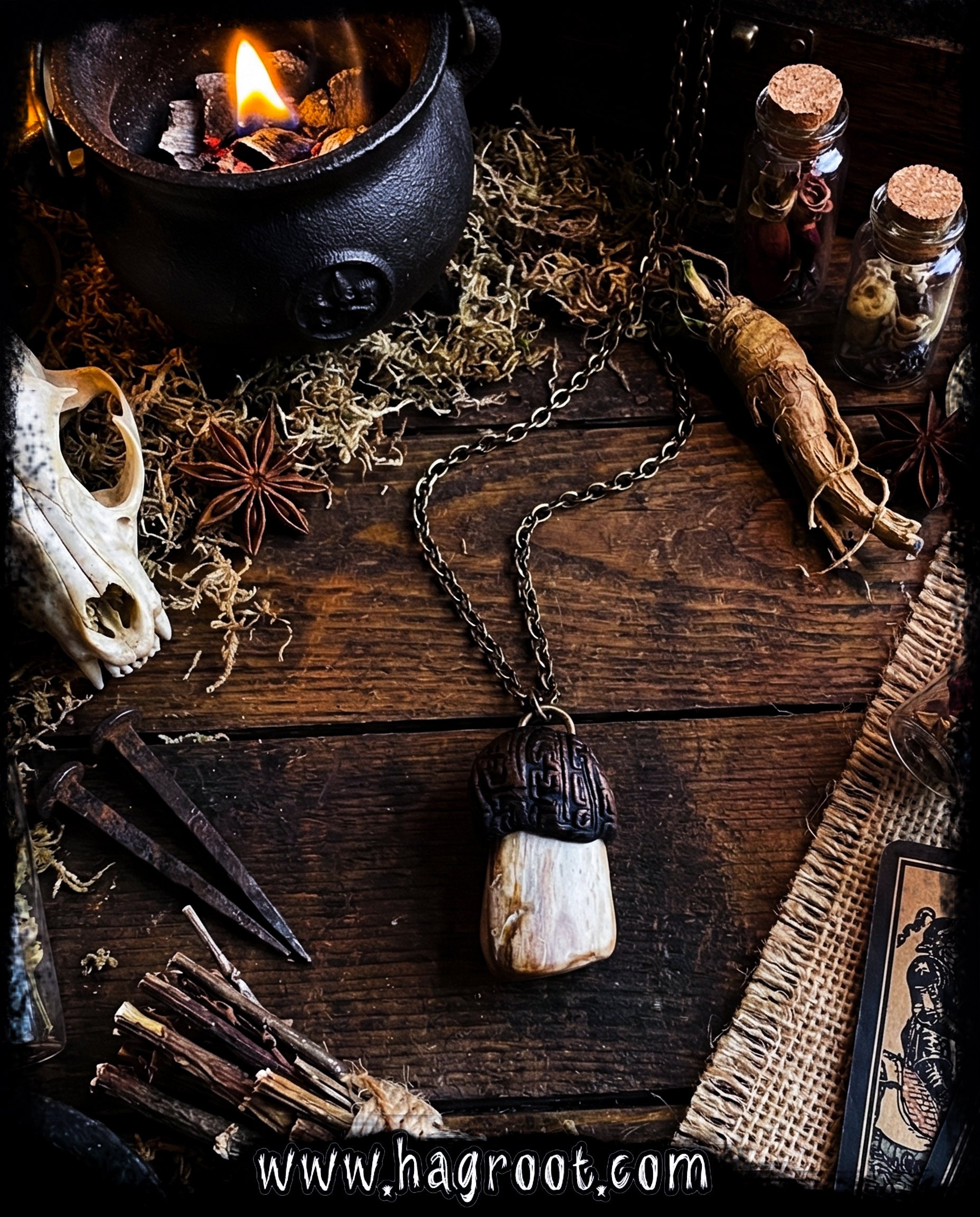 Handcrafted Clay Talisman Necklace with Petrified Wood