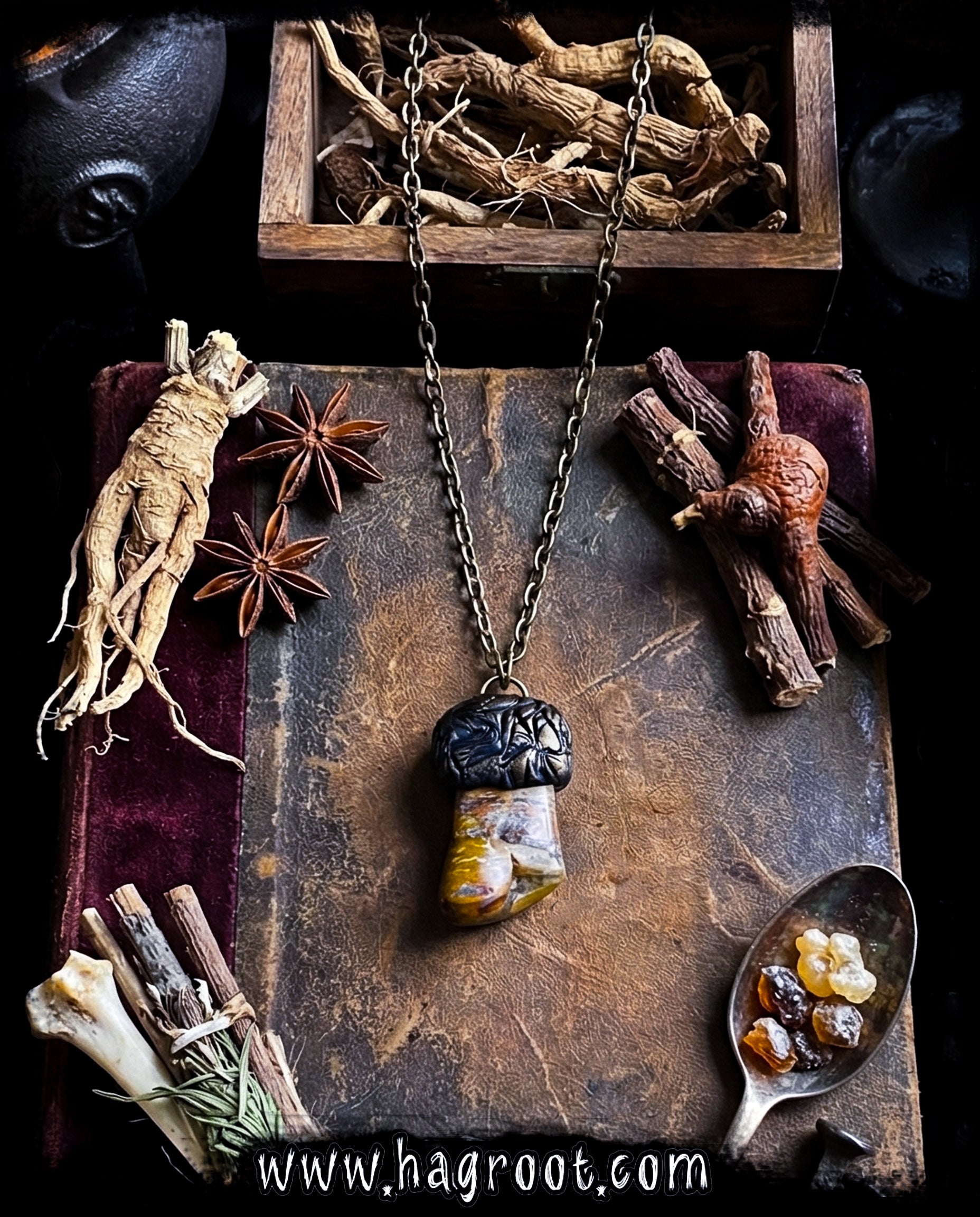 Handcrafted Clay Talisman Necklace with Petrified Wood