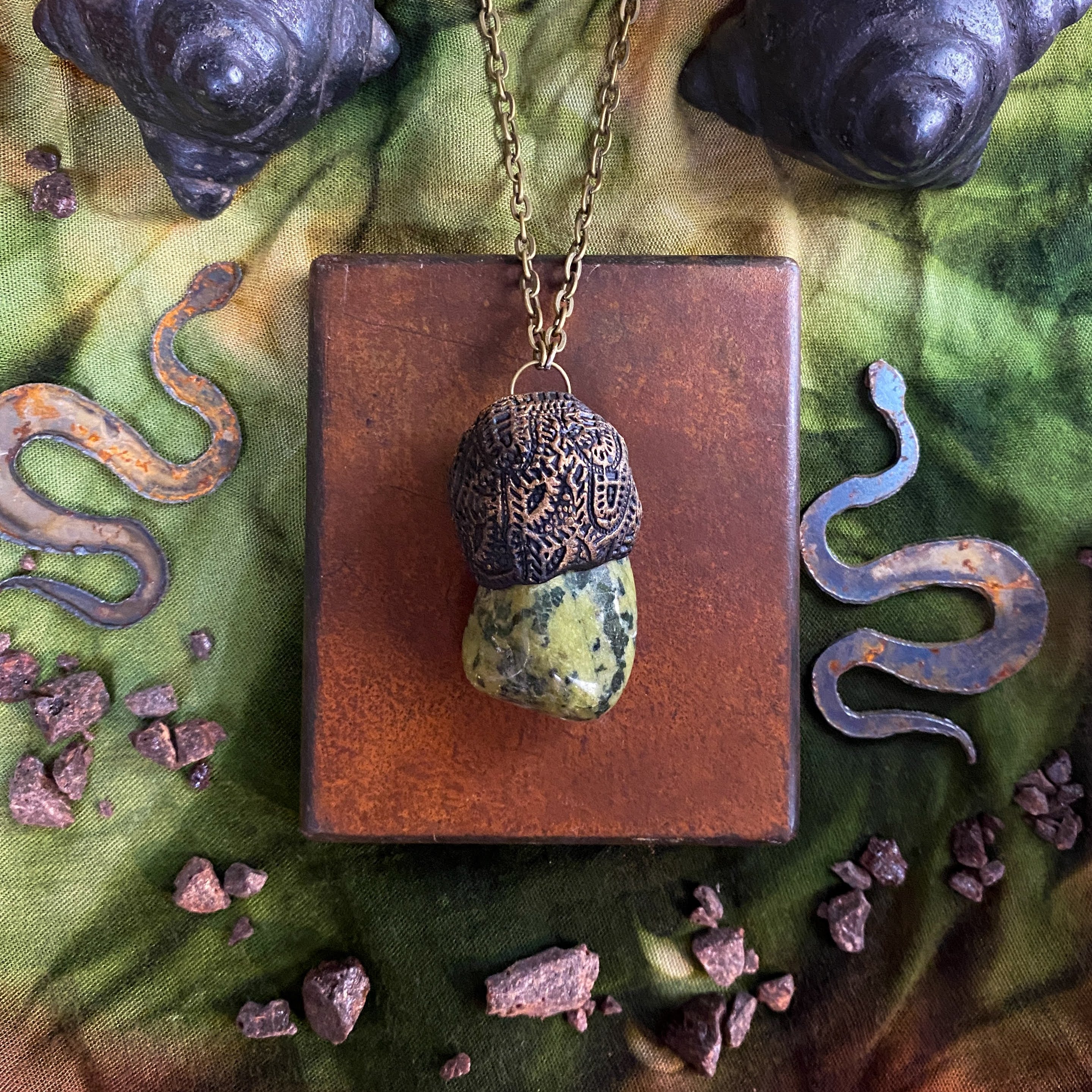 Serpentine + Clay Talisman Necklace with an Organic Pattern