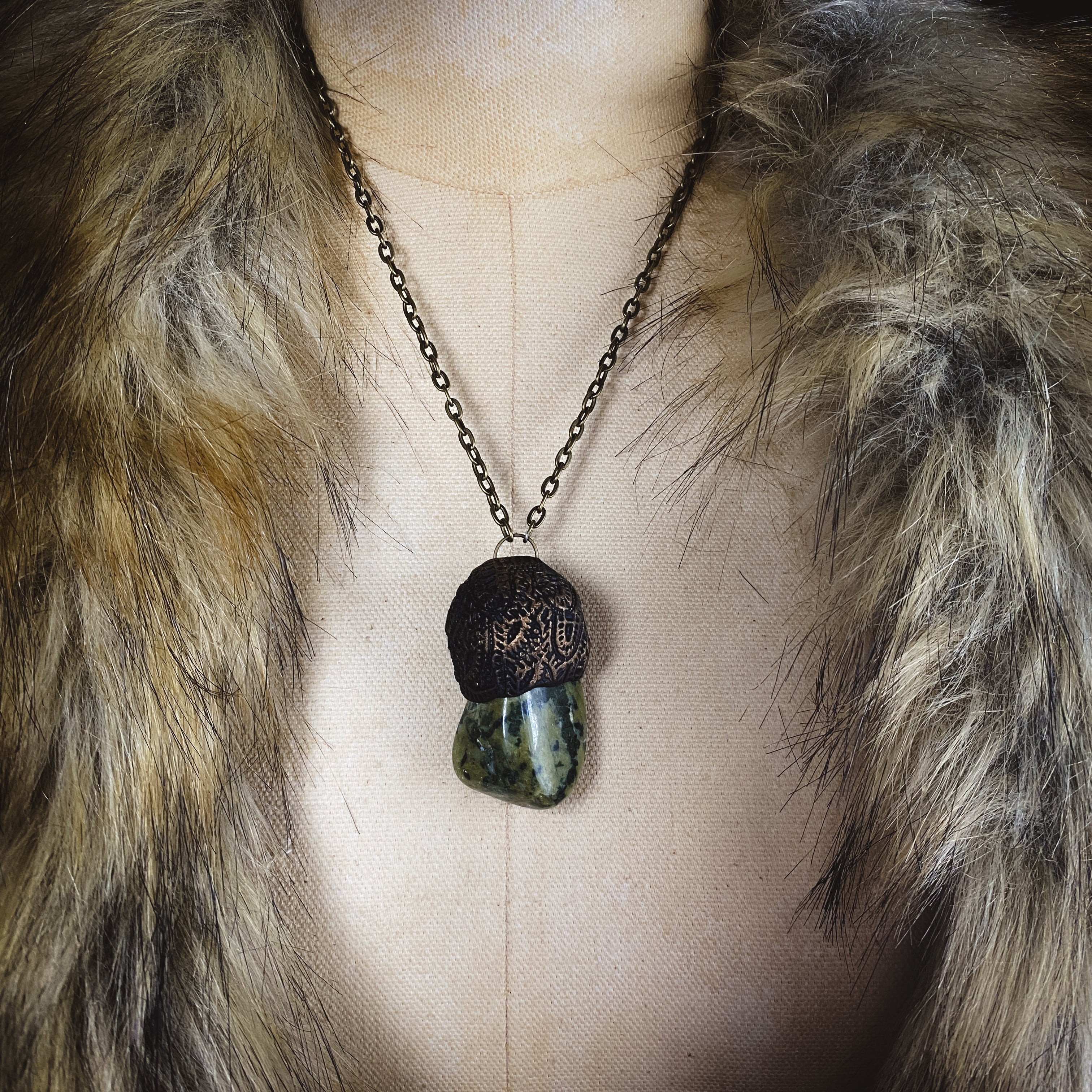 Serpentine + Clay Talisman Necklace with an Organic Pattern