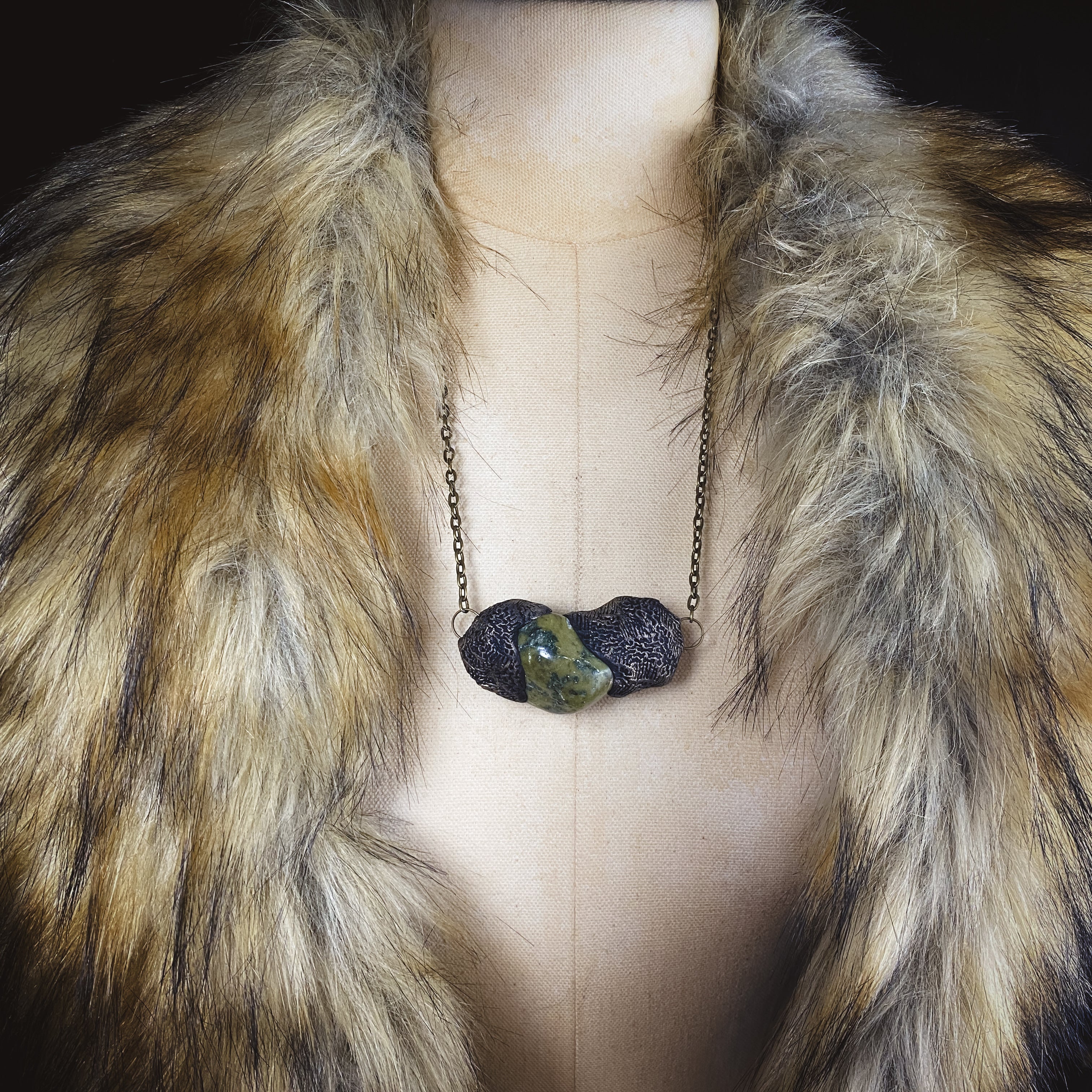 Serpentine + Clay Talisman Necklace with an Organic Pattern