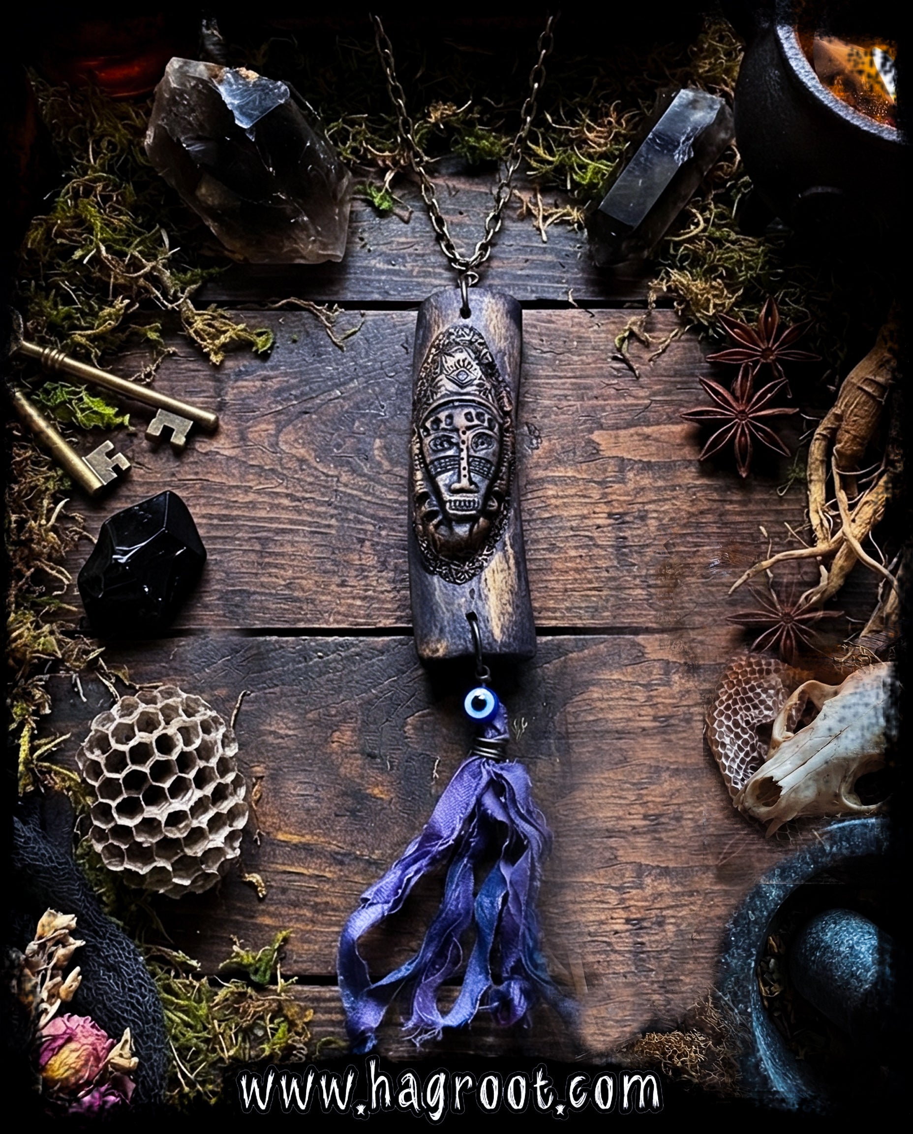 Guardian of Ancestral Shadows - Wood + Clay Talisman/Amulet Necklace