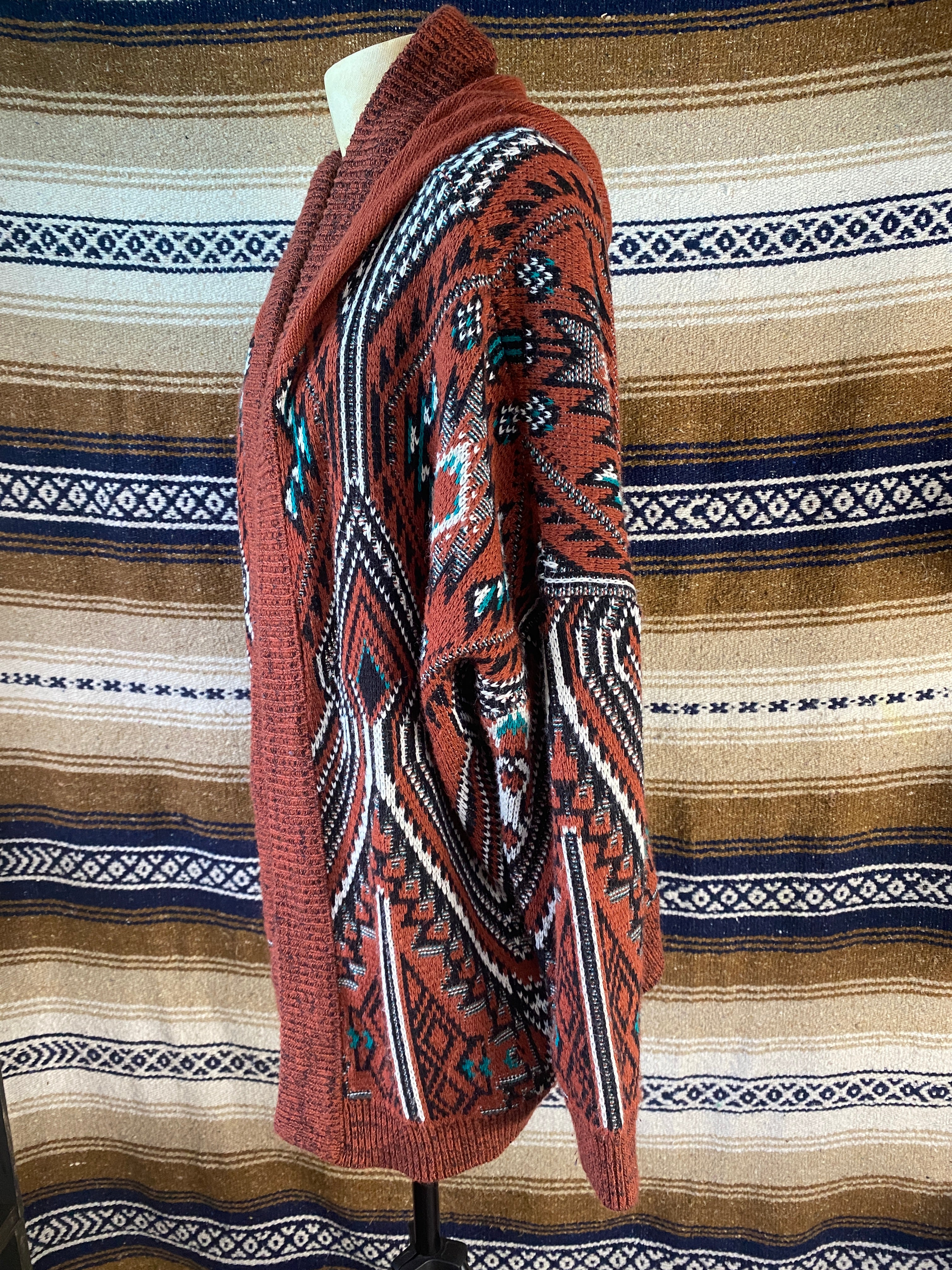 Tribal Design Cardigan With a Hood - Size Medium