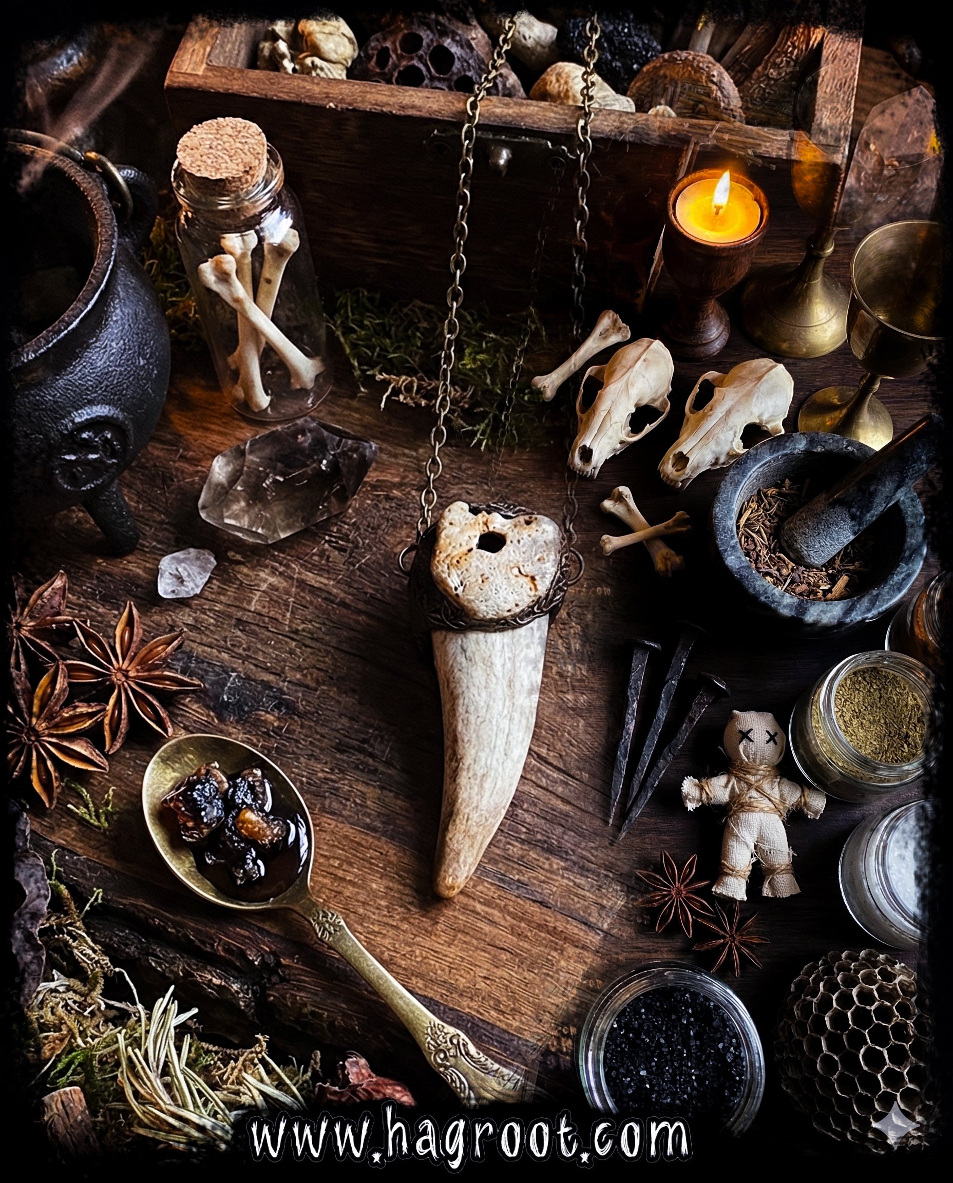 Deer Medicine Necklace - Handcrafted Antler and Hag StoneTalisman with the Flower of Life Design