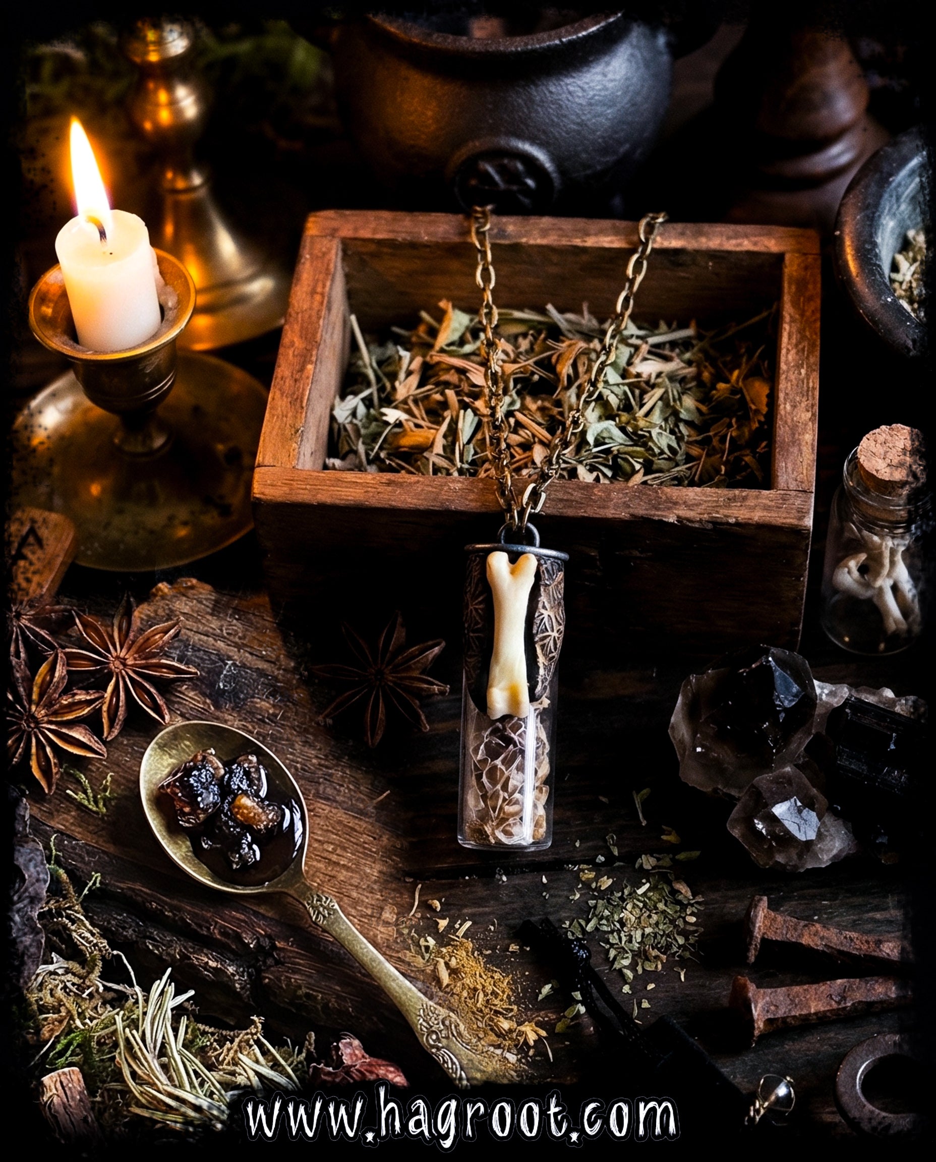 Conjure Necklace with Snake Skin, Orris Root, Bone and the Flower of Life Pattern