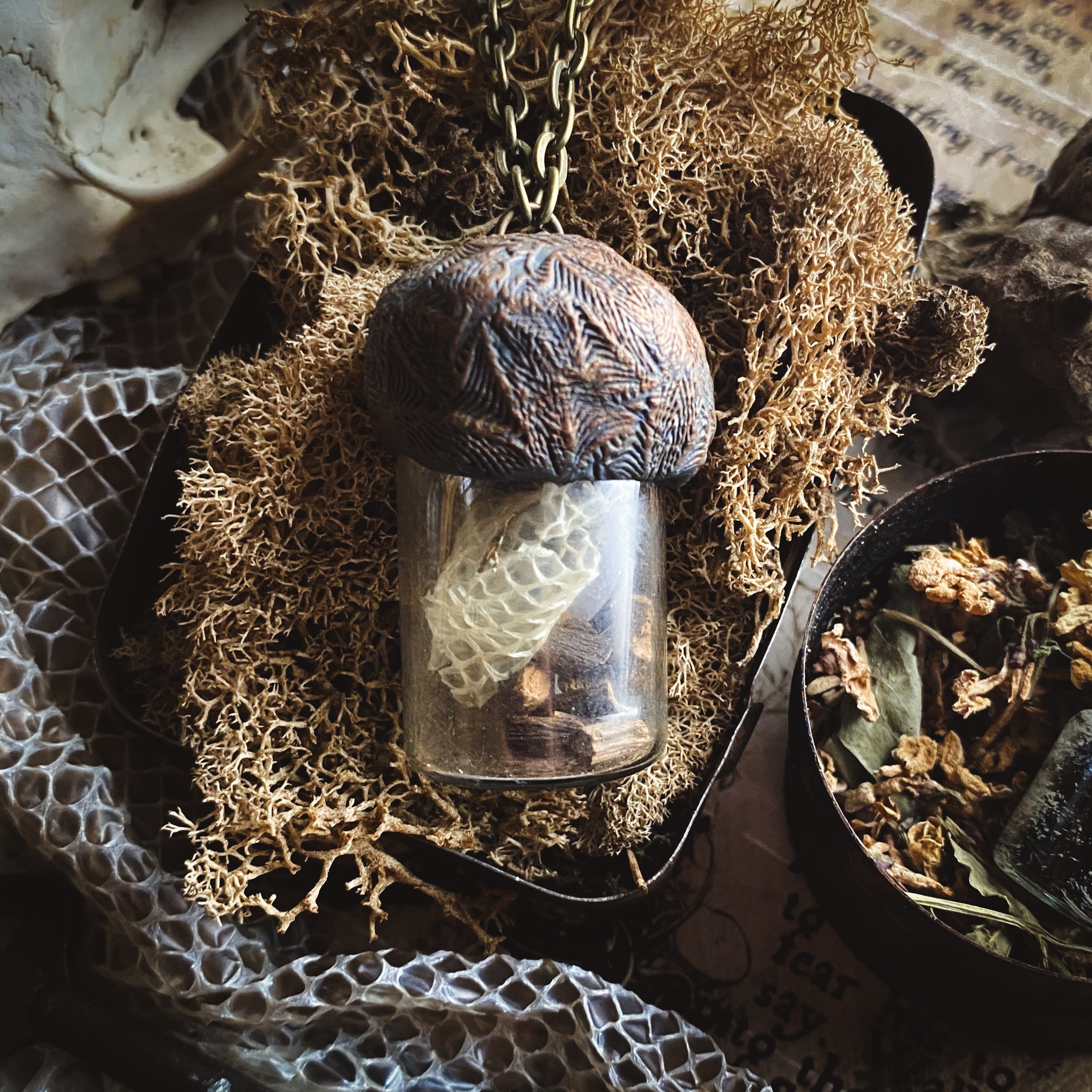 Conjure Necklace with Mandrake Root, Rose Quartz and Snake Skin for Love, Protection + Spiritual Connection