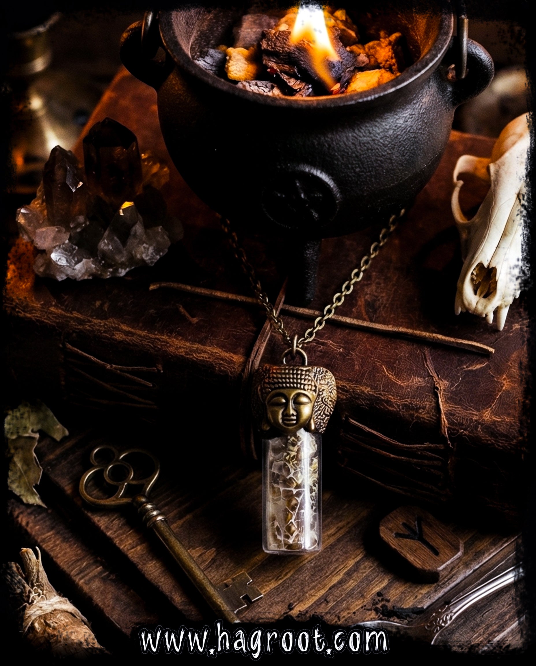 Conjure Necklace with Snake Skin, Mugwort and Buddha Head
