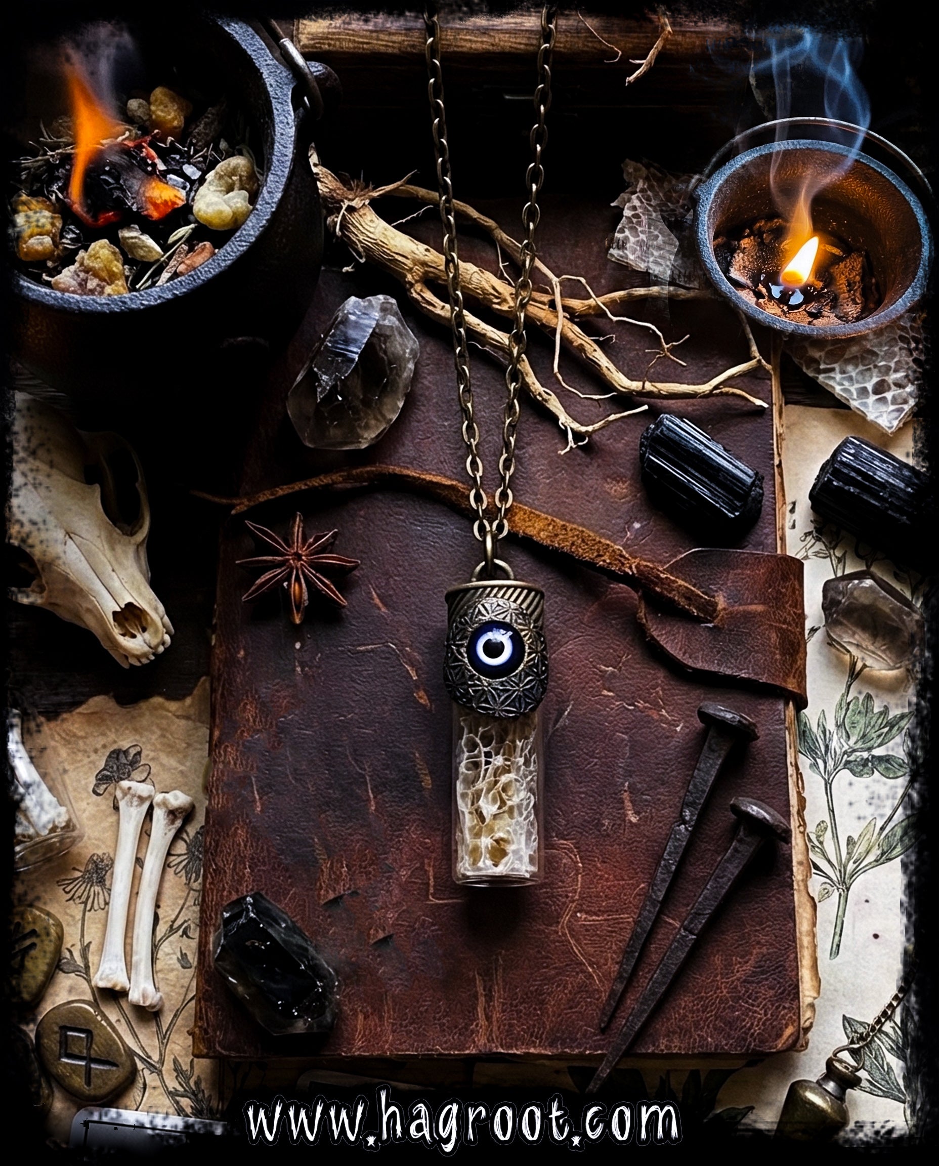 Conjure Necklace with Snake Skin, Butcher's Broom, an Evil Eye and a Clay Flower of Life Pattern