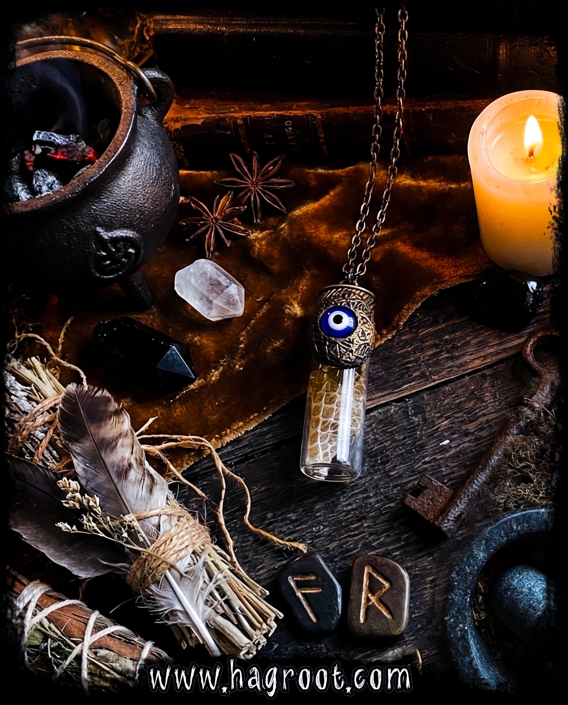Conjure Necklace with Snake Skin, Butcher's Broom, an Evil Eye and a Clay Flower of Life Pattern