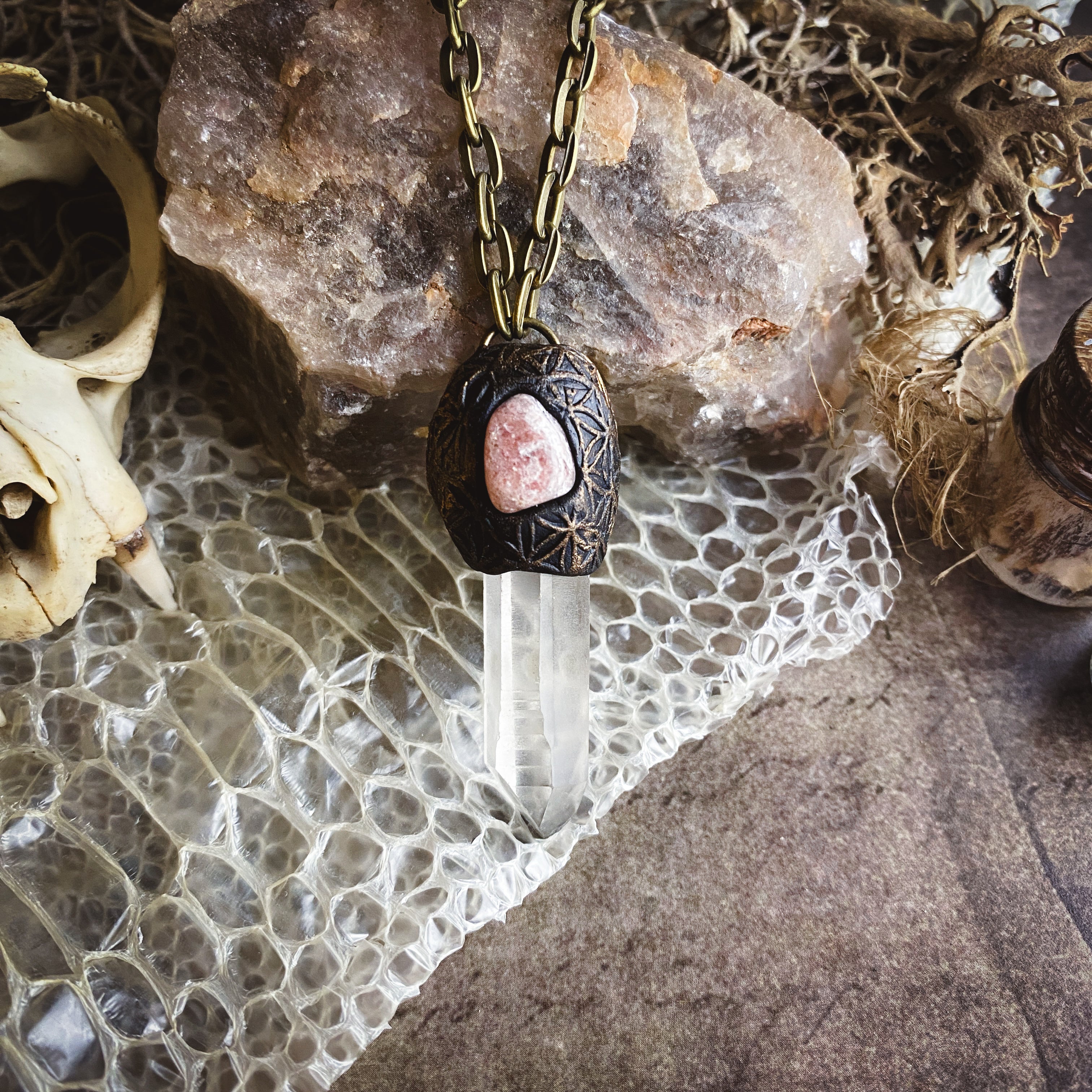 Clear Quartz + Strawberry Quartz + Clay Talisman Necklace with a Flower of Life Design