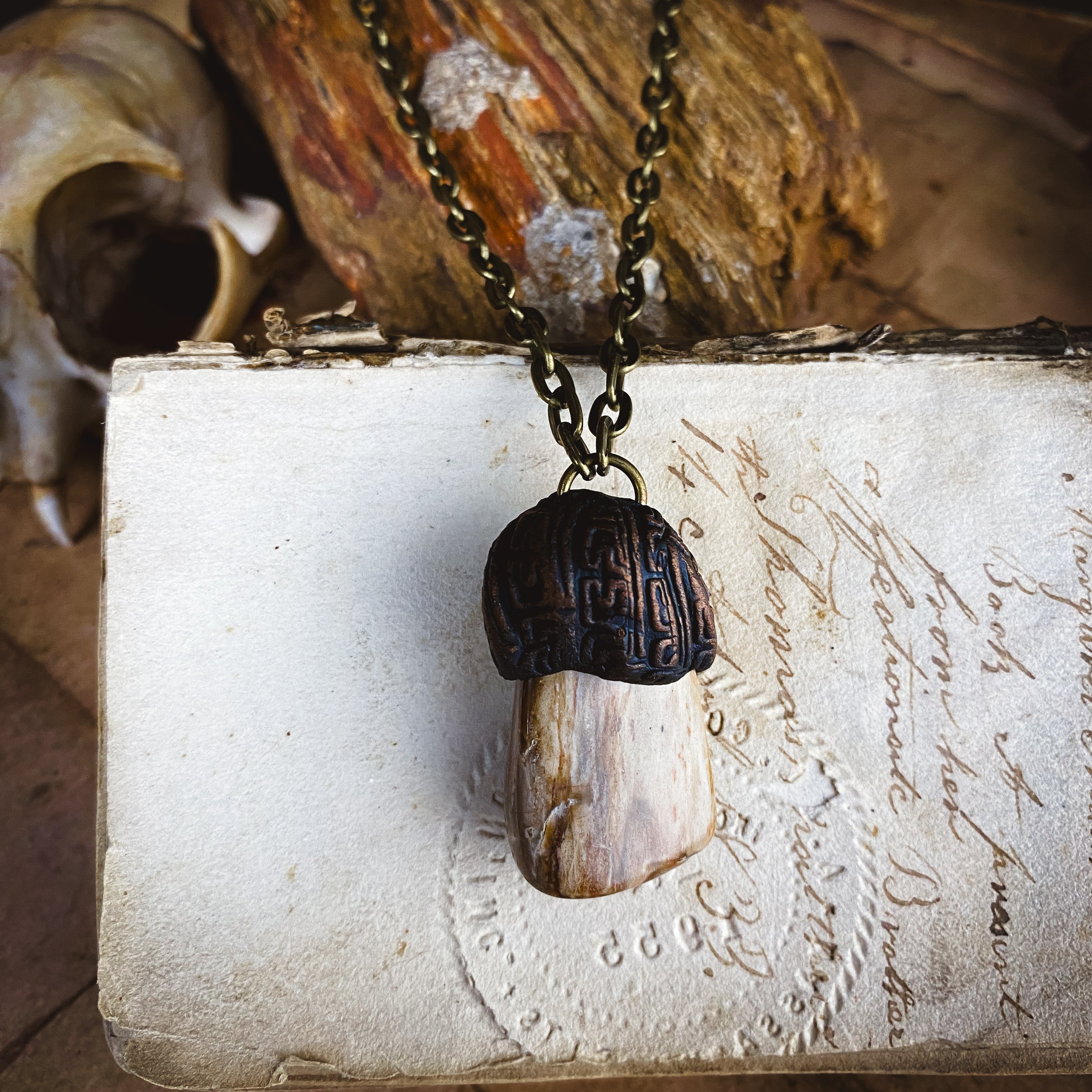Handcrafted Clay Talisman Necklace with Petrified Wood