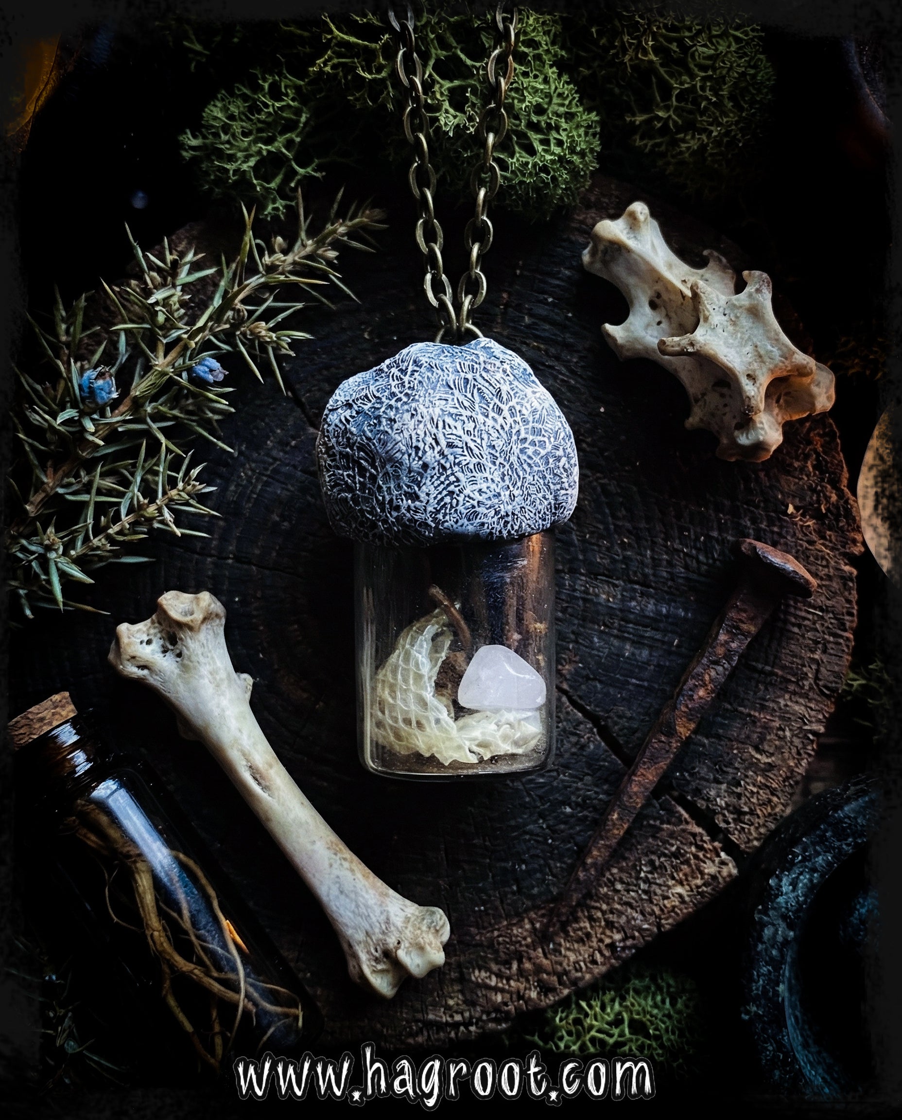 Conjure Necklace with Mandrake Root, Rose Quartz and Snake Skin for Love, Protection + Spiritual Connection