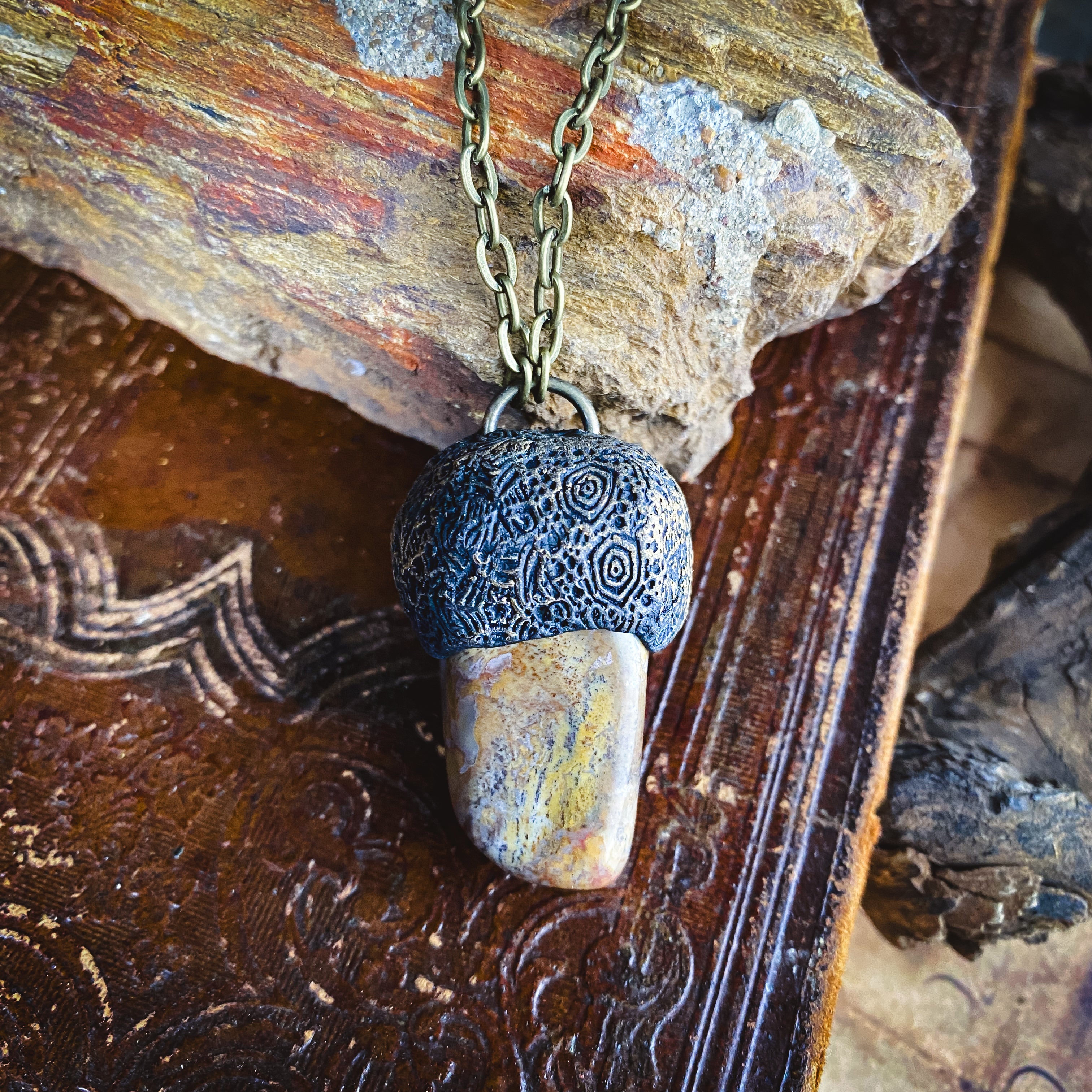 Handcrafted Clay Talisman Necklace with Petrified Wood