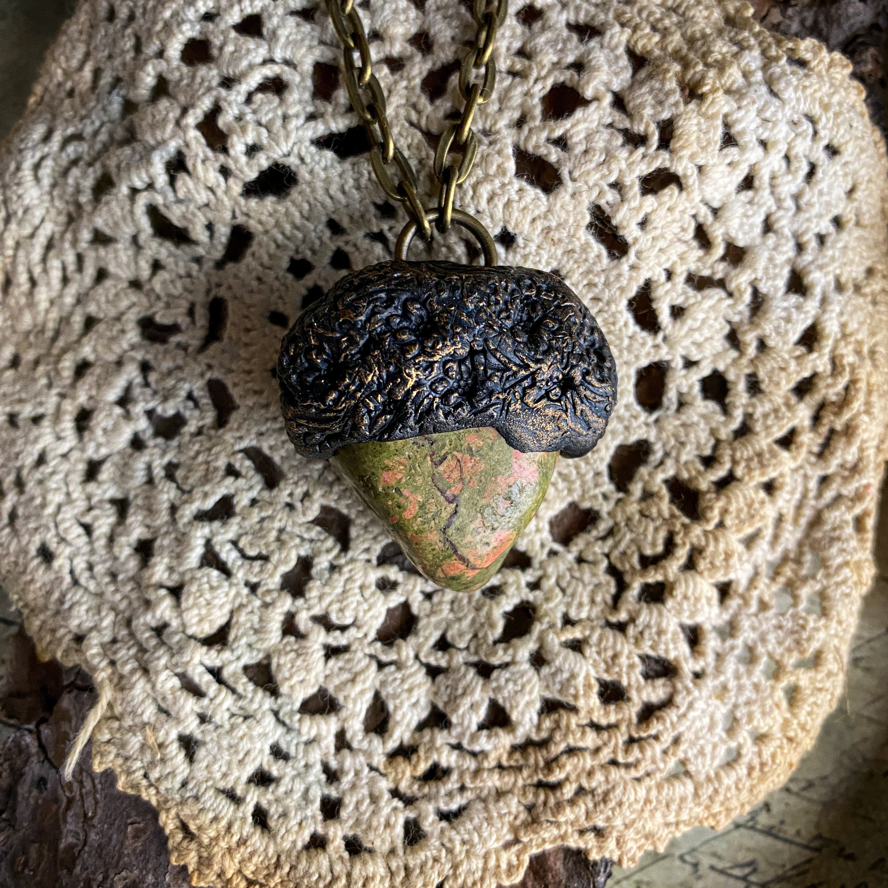 Unakite Talisman Necklace with a Nature Inspired Clay Pattern