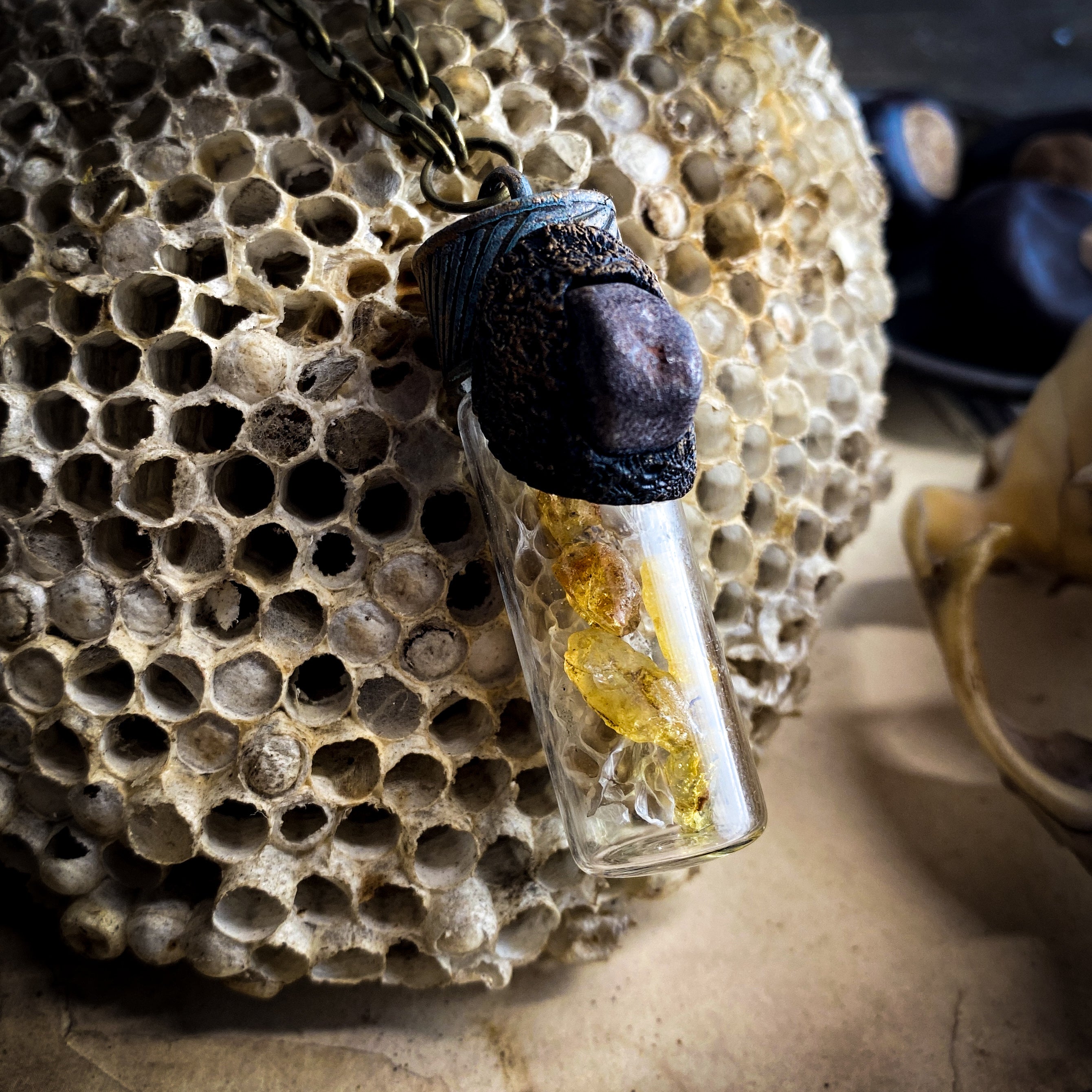 Serpent Heart Conjure Necklace with Strawberry Quartz, Copal + Snake Skin