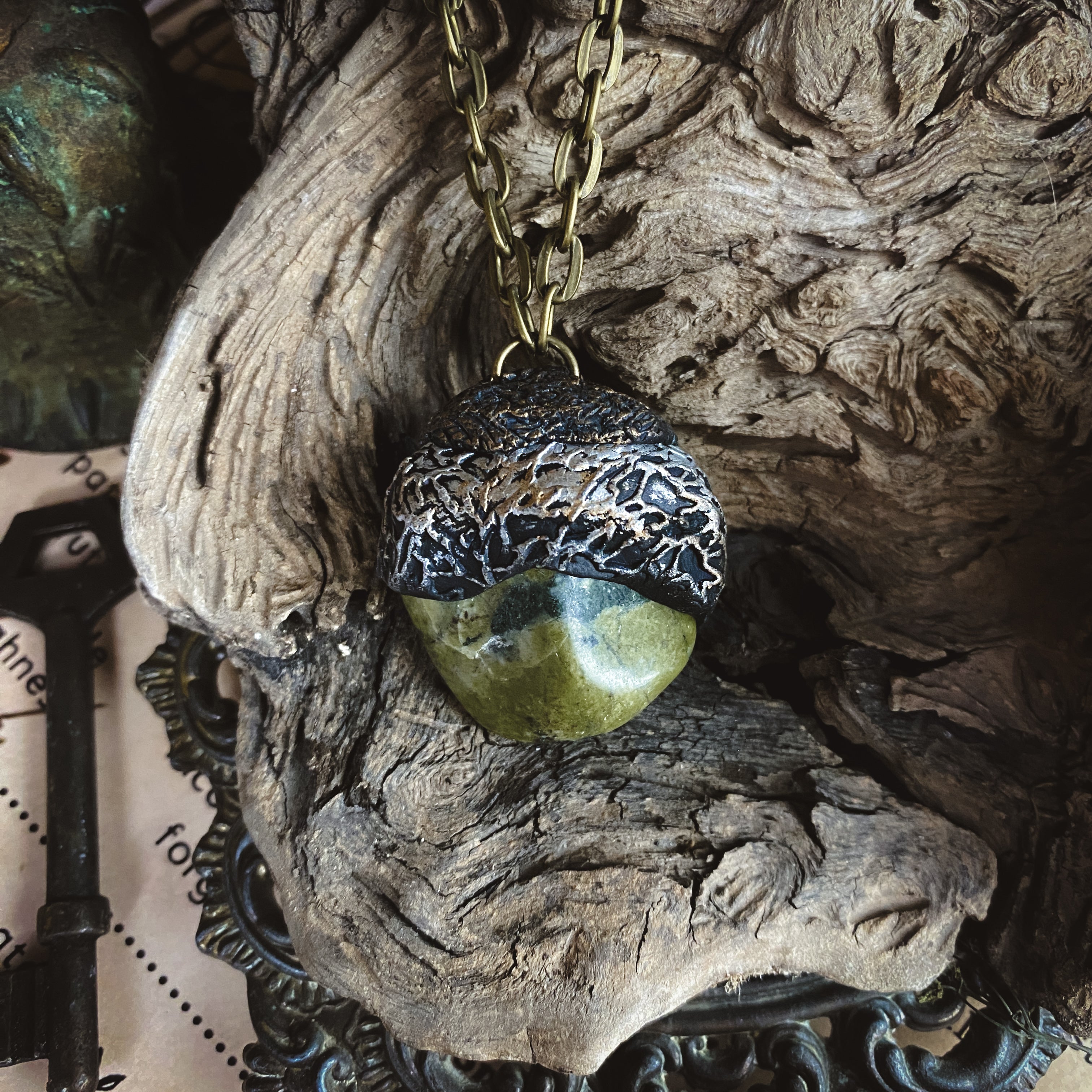 Serpentine + Clay Talisman Necklace with an Organic Pattern