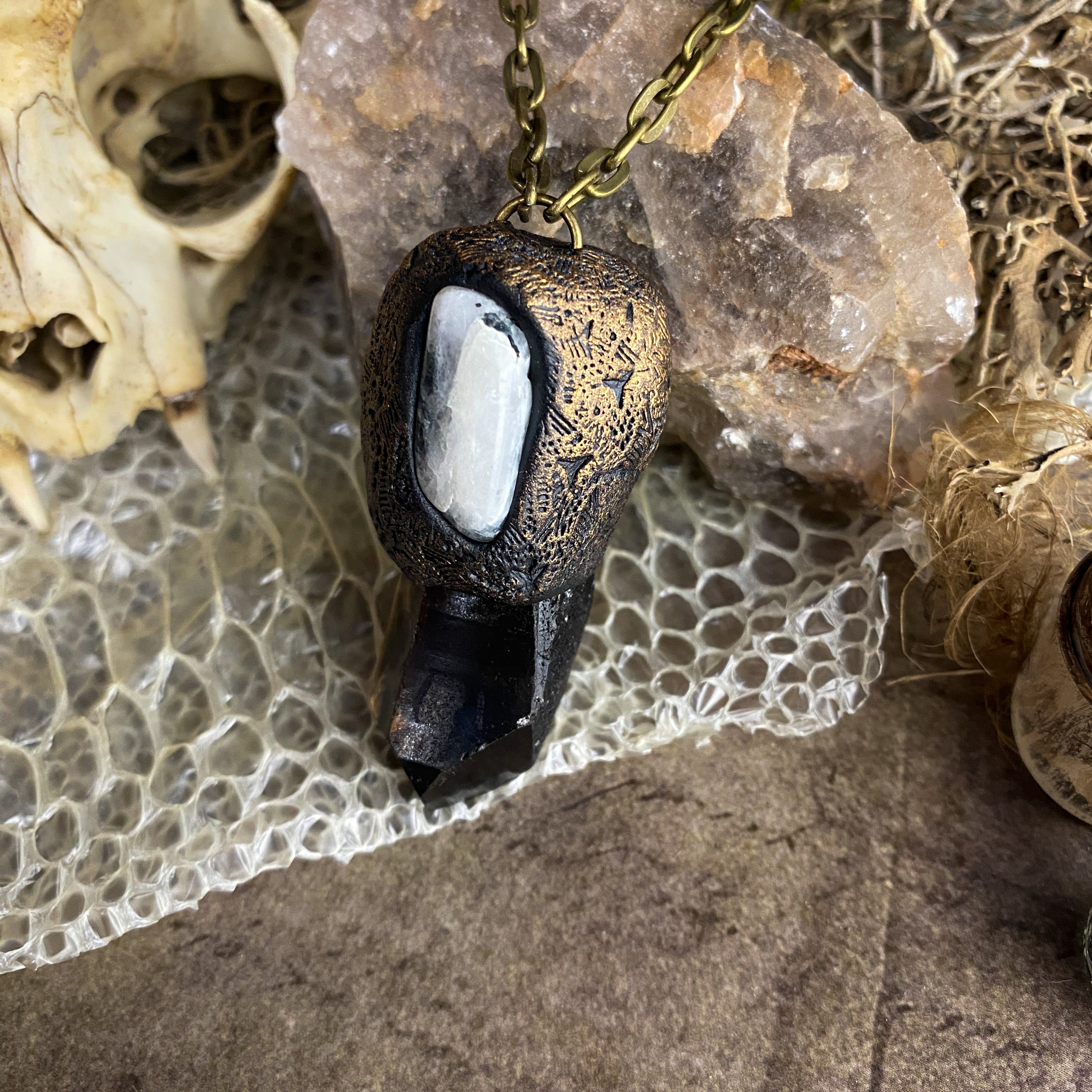 Handcrafted Clay Talisman Necklace with Smoky Quartz + Rainbow Moonstone