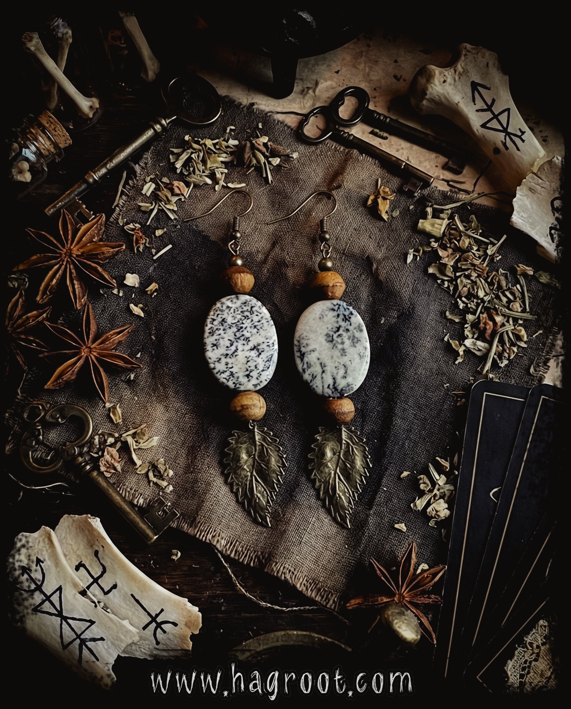 Nature Earrings with Dendritic Jasper + Leaves