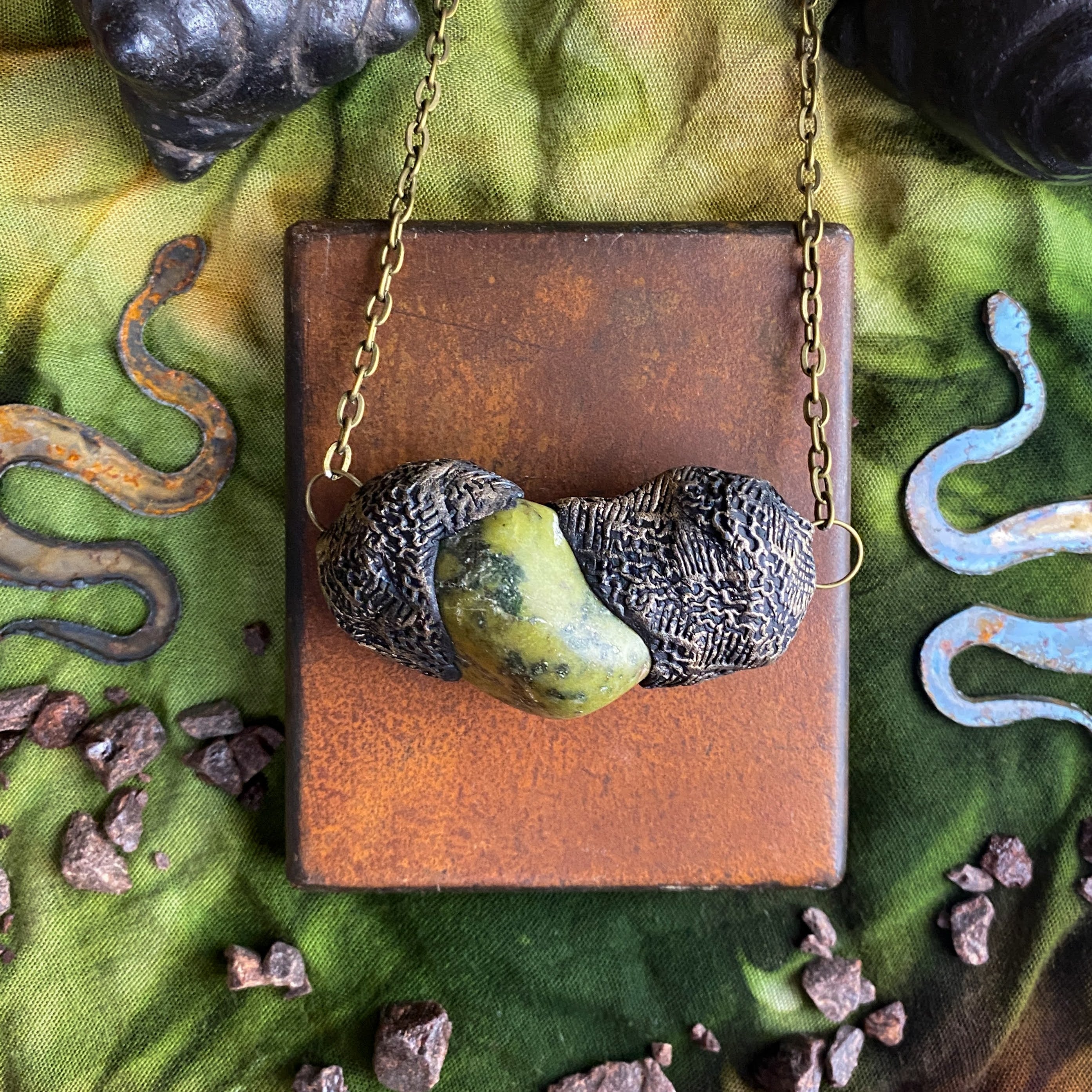 Serpentine + Clay Talisman Necklace with an Organic Pattern