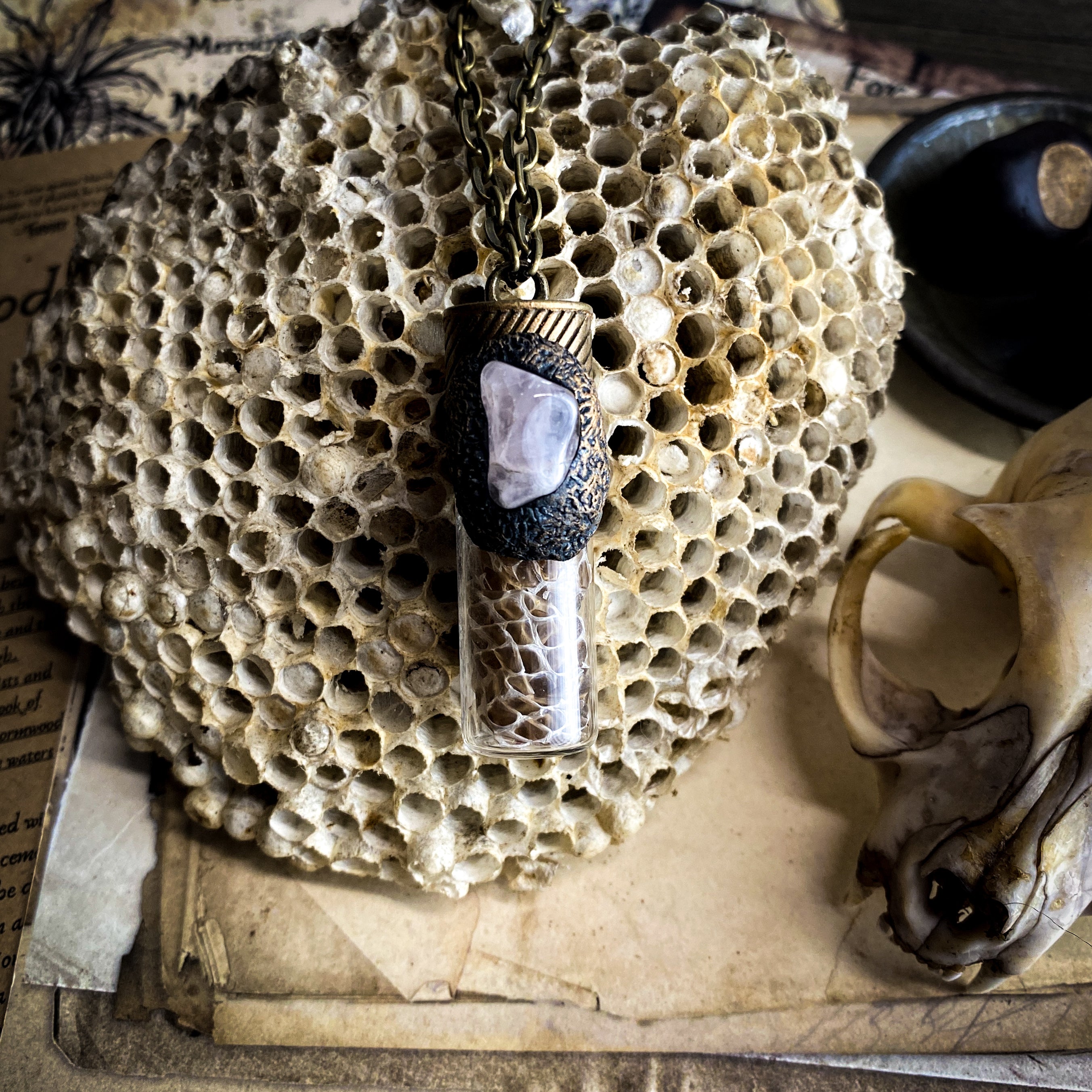 Serpent Rose Conjure Necklace with Rose Petals, Rose Quartz + Snake Skin