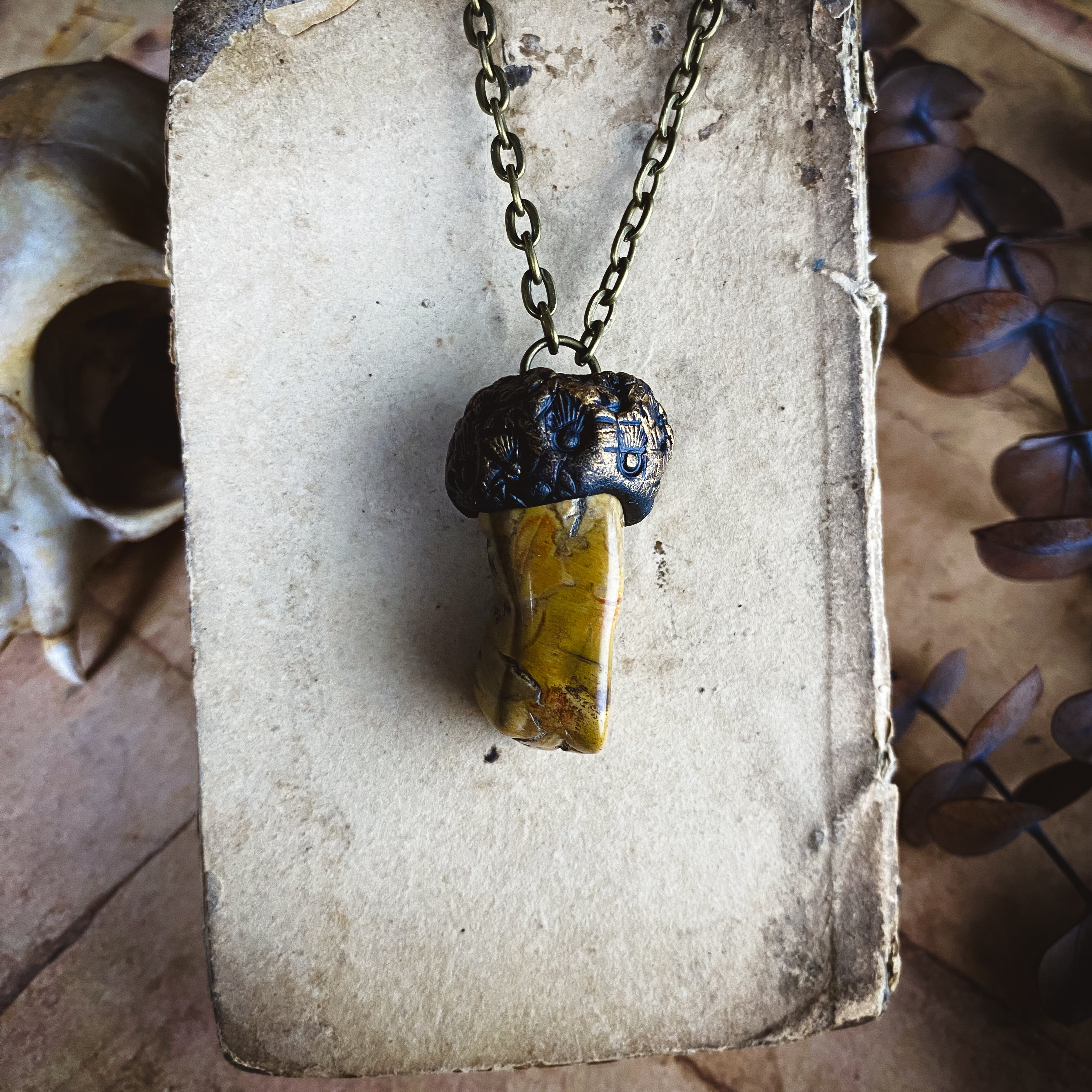 Handcrafted Clay Talisman Necklace with Petrified Wood