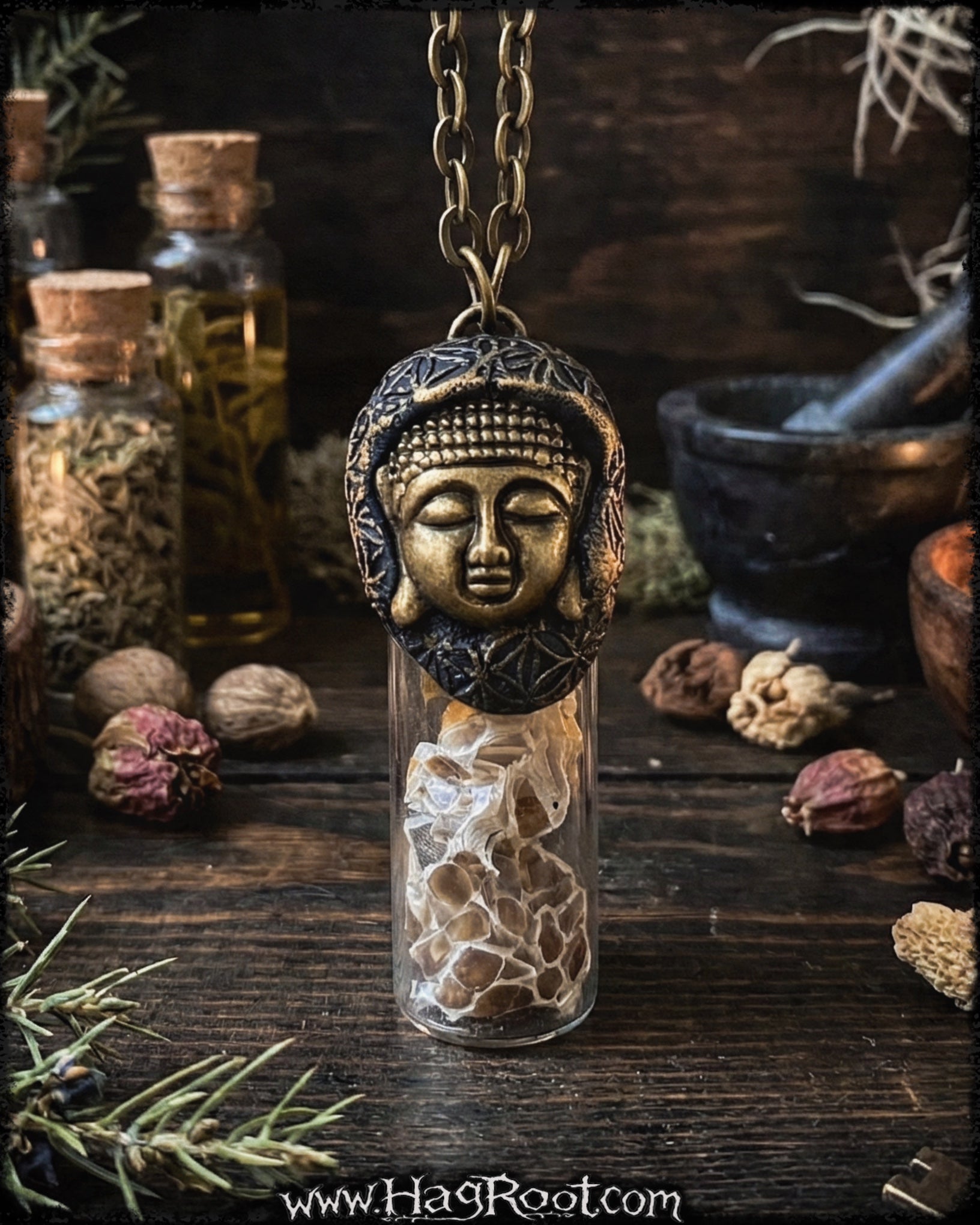 Buddha + Flower of Life Necklace for Awakened Consciousness + Connection + Transformation -With Jasmine Flowers + Snake Skin
