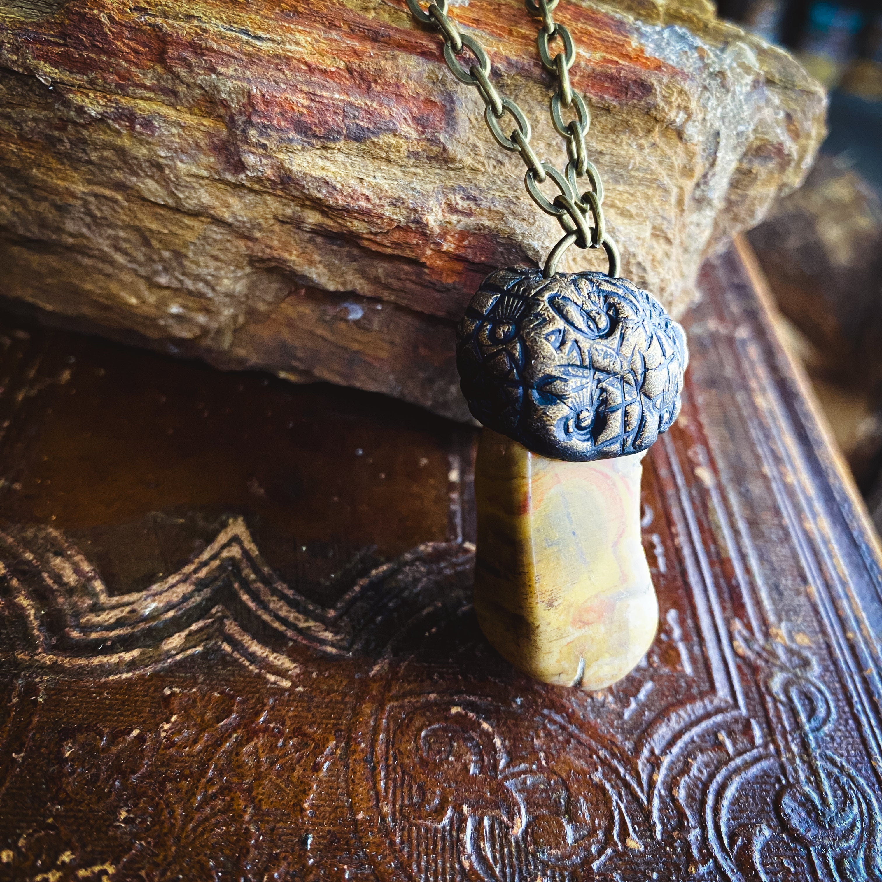 Handcrafted Clay Talisman Necklace with Petrified Wood