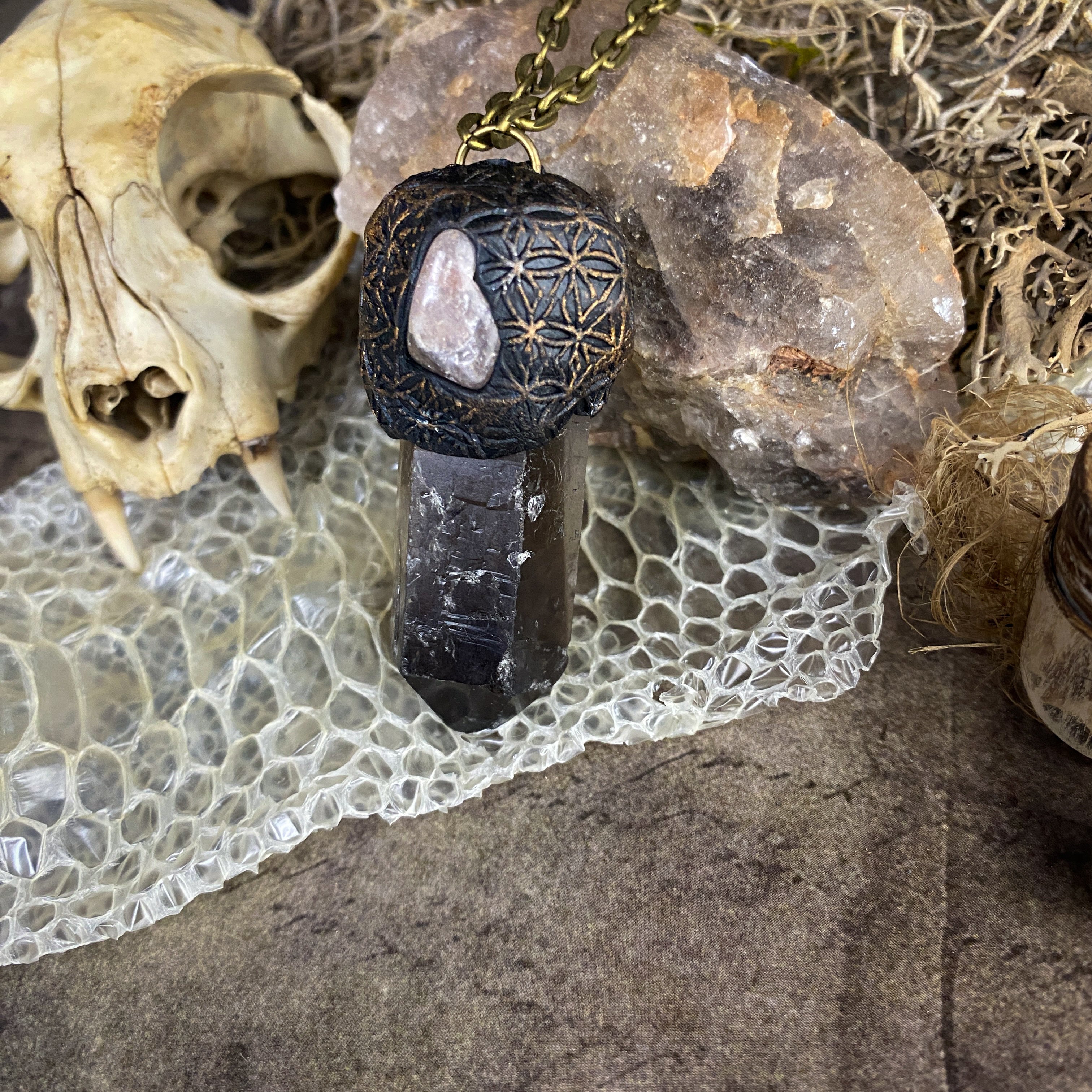 Smoky Quartz + Strawberry Quartz + Clay Talisman Necklace with a Flower of Life Design