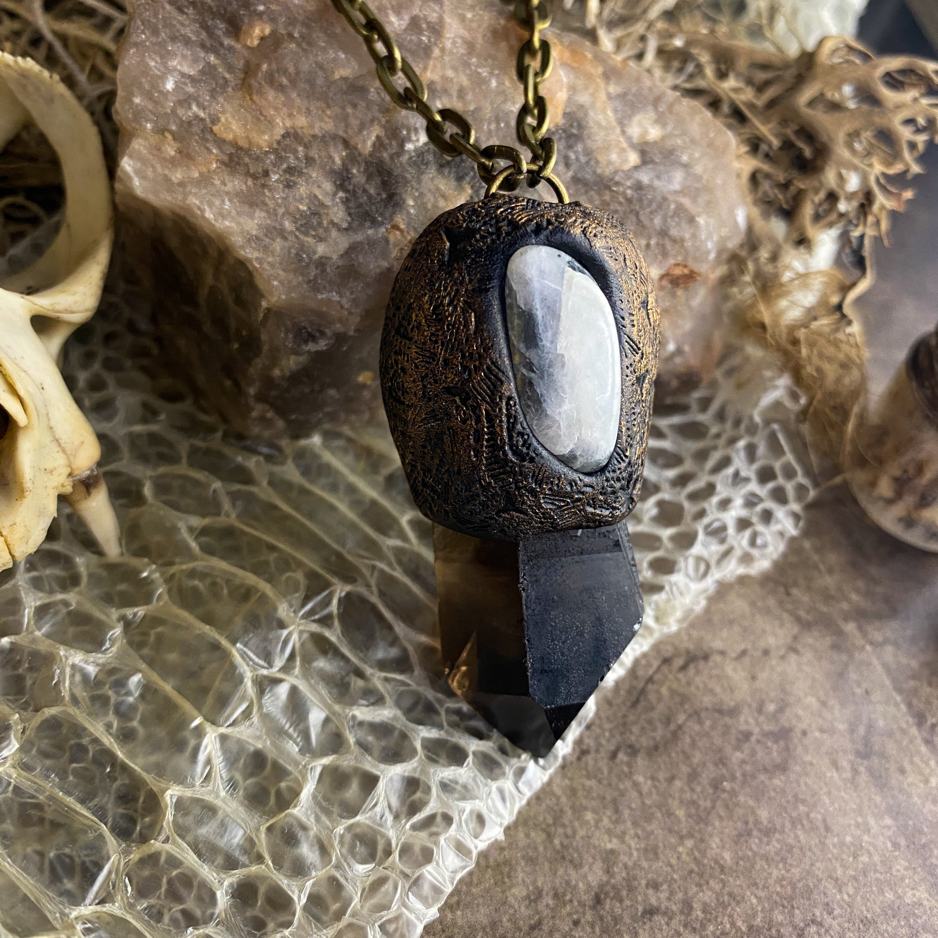 Handcrafted Clay Talisman Necklace with Smoky Quartz + Rainbow Moonstone