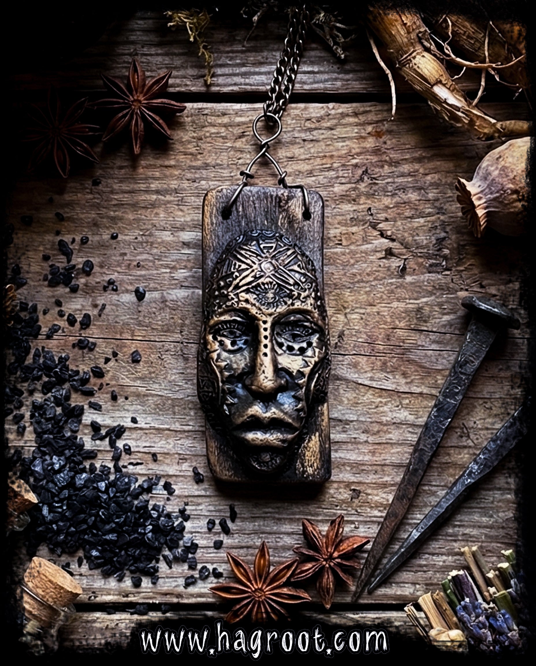 The Shadow Walker - Wood + Clay Talisman/Amulet Necklace