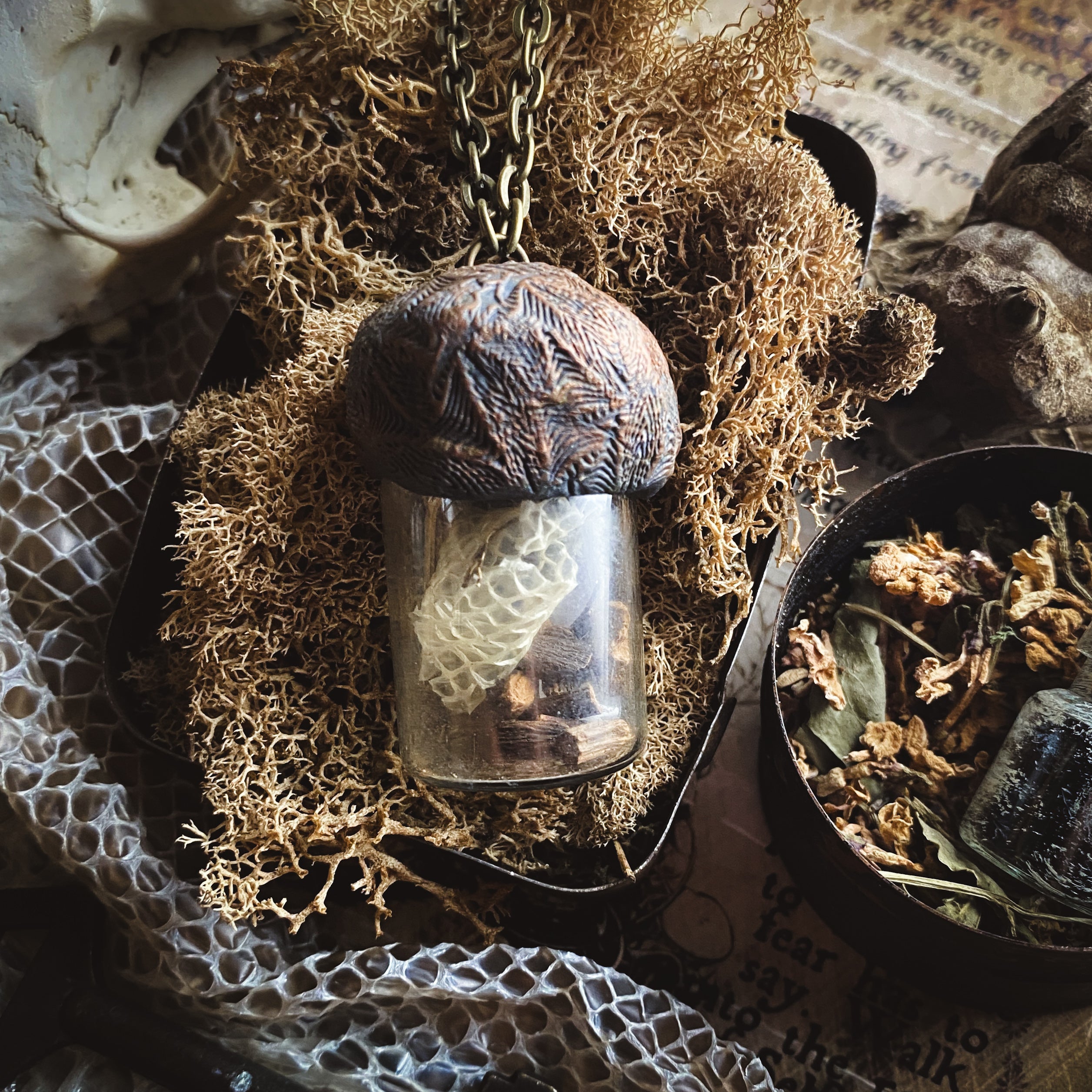 Conjure Necklace with Mandrake Root, Rose Quartz and Snake Skin for Love, Protection + Spiritual Connection